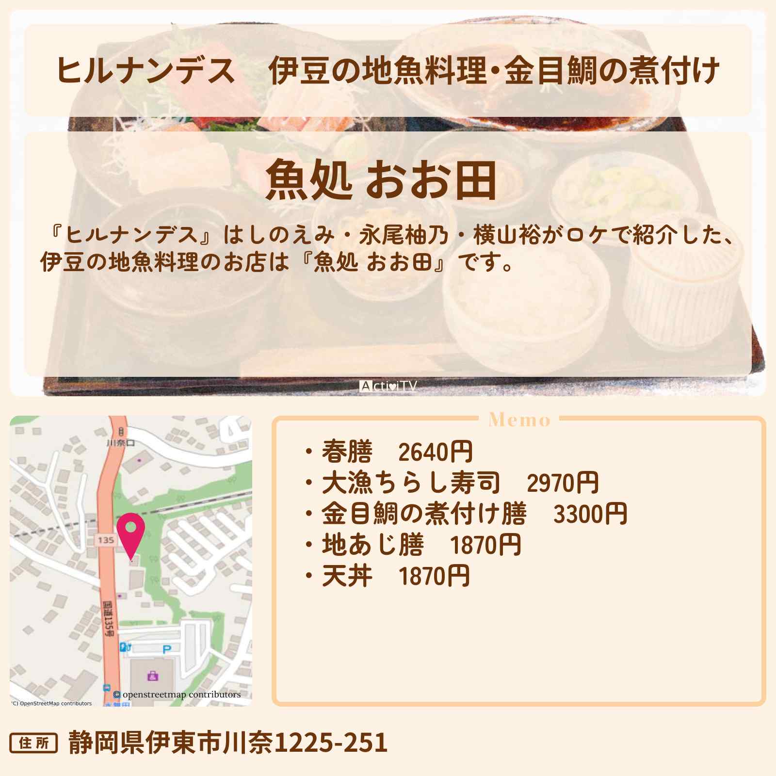 【ヒルナンデス】伊豆の地魚料理・金目鯛の煮付け『魚処 おお田』お店情報〔はしのえみ・永尾柚乃・横山裕〕