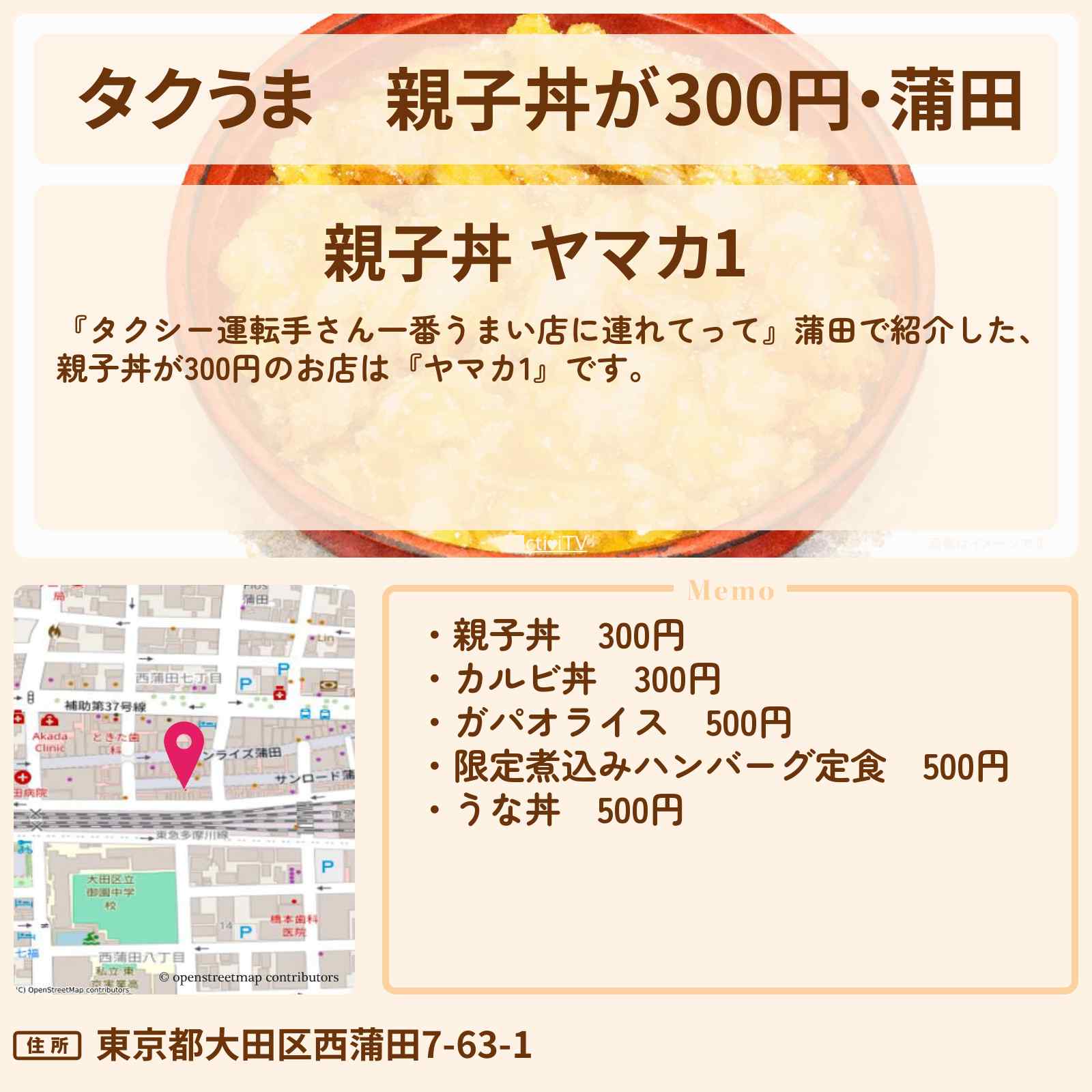 【タクうま】親子丼が300円・蒲田『ヤマカ1』のお店の場所〔タクシー運転手さん一番うまい店に連れてって〕