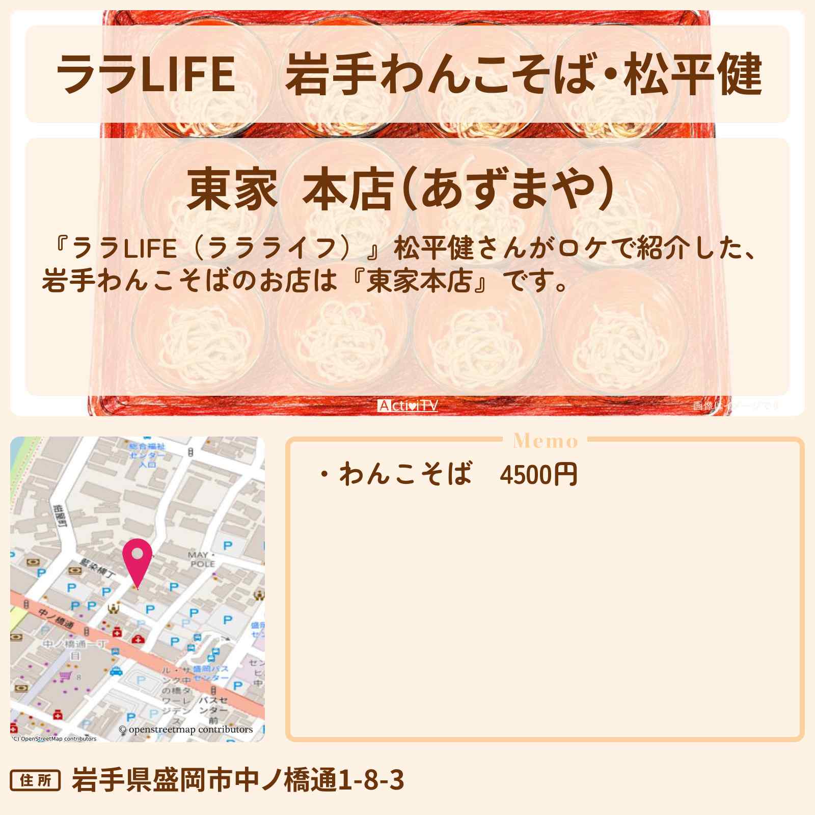 【ララLIFE】岩手わんこそば・松平健『東家本店』岩手県盛岡市のお店の場所