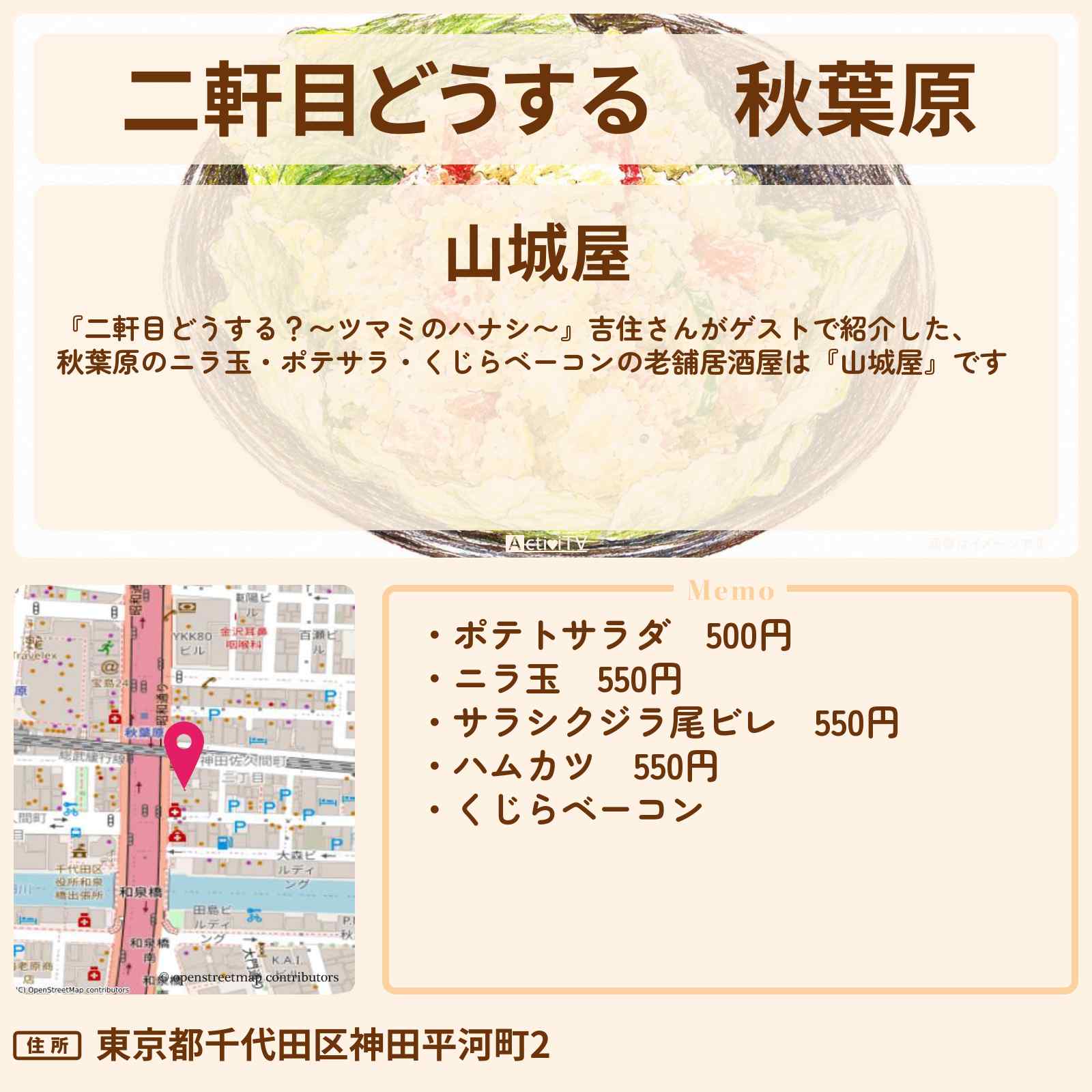 【二軒目どうする】秋葉原『山城屋』吉住がゲストで食べたニラ玉・ポテサラ・くじらベーコンのお店の場所〔ツマミのハナシ〕