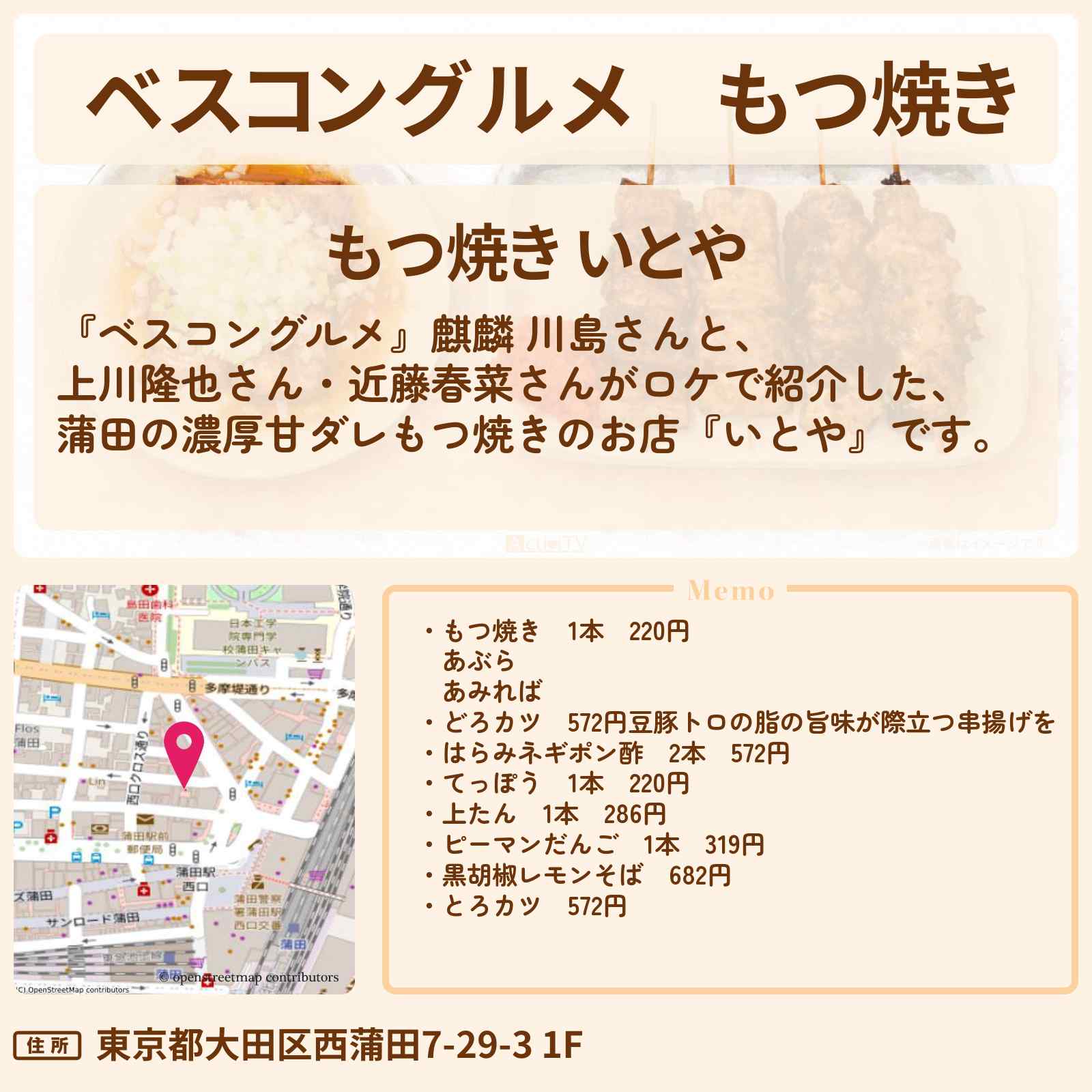 【ベスコングルメ】もつ焼き『いとや』ロケ地・お店〔上川隆也・近藤春菜〕
