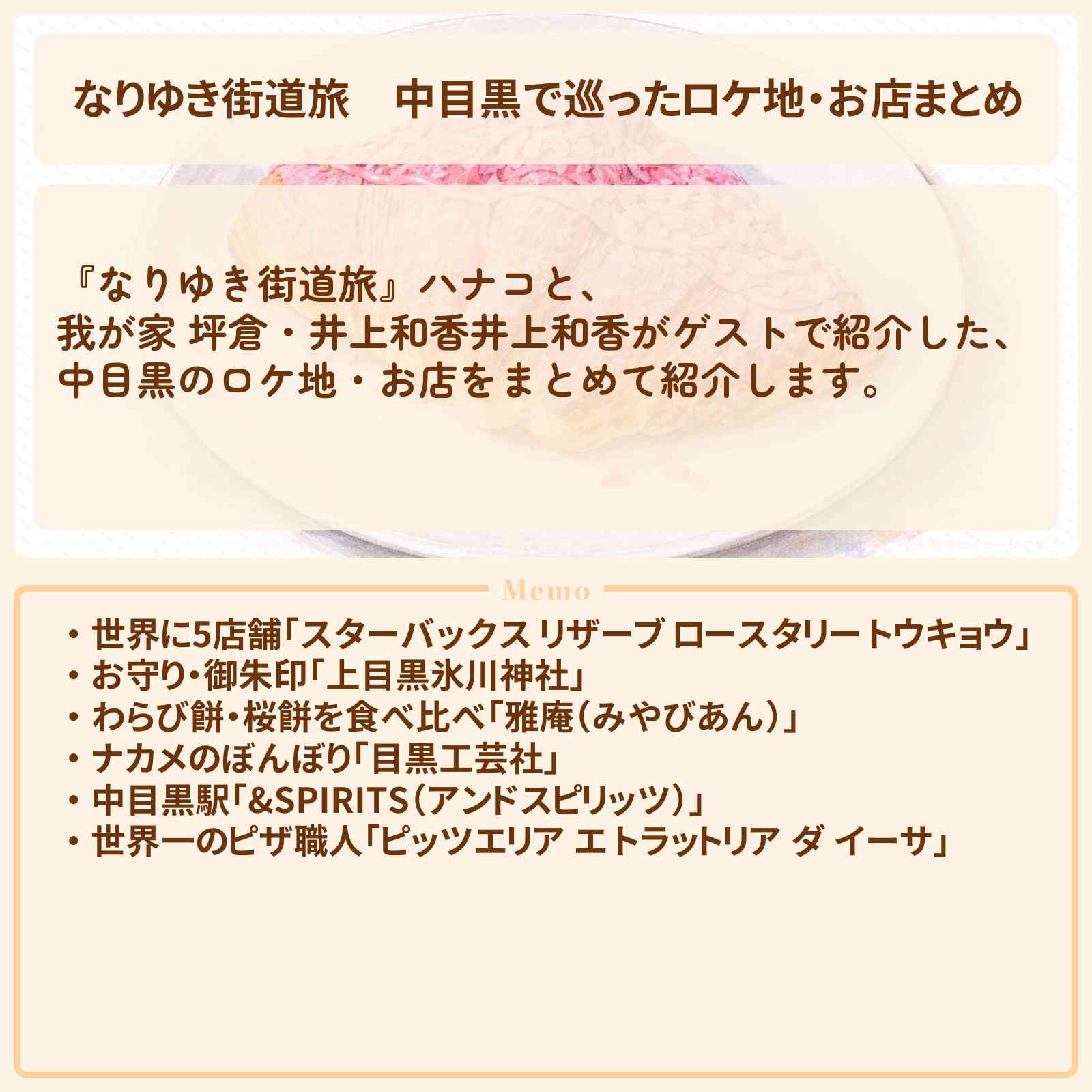 【なりゆき街道旅】中目黒で巡ったロケ地・お店まとめ〔井上和香〕