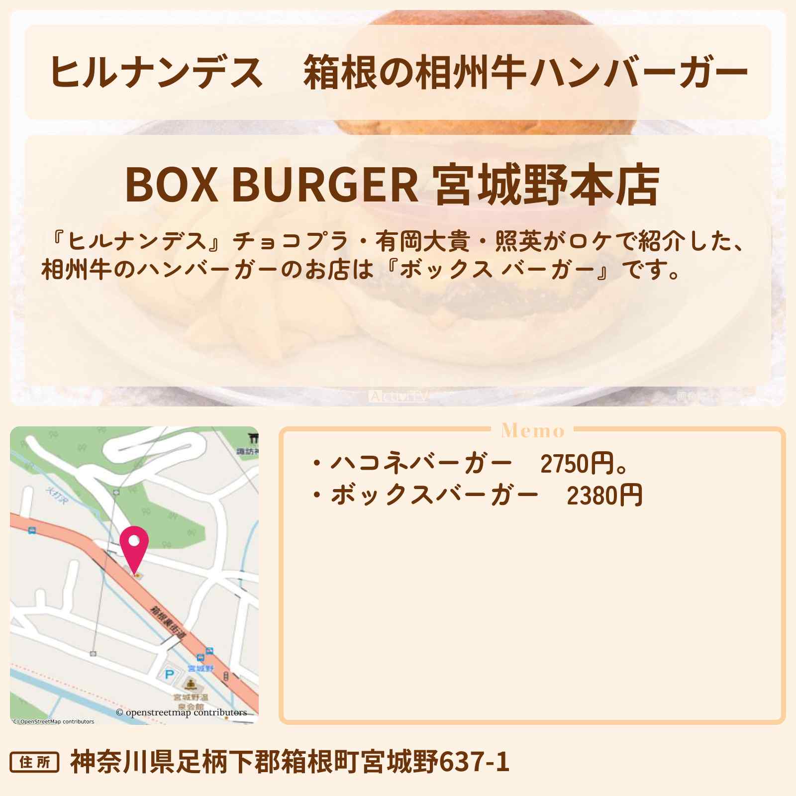 【ヒルナンデス】箱根の相州牛ハンバーガー『ボックス バーガー』お店情報〔チョコプラ・有岡大貴・照英〕