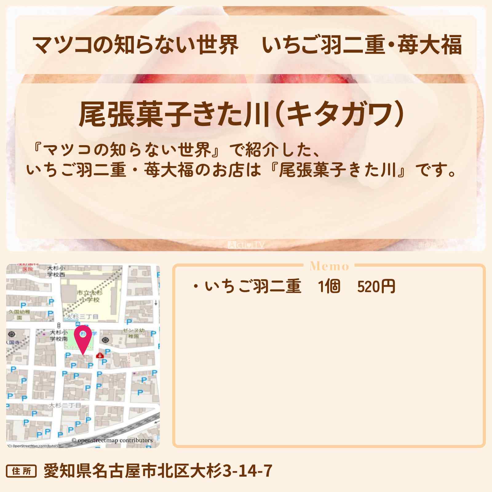 【マツコの知らない世界】いちご羽二重・苺大福『尾張菓子きた川』和菓子の世界のお店情報