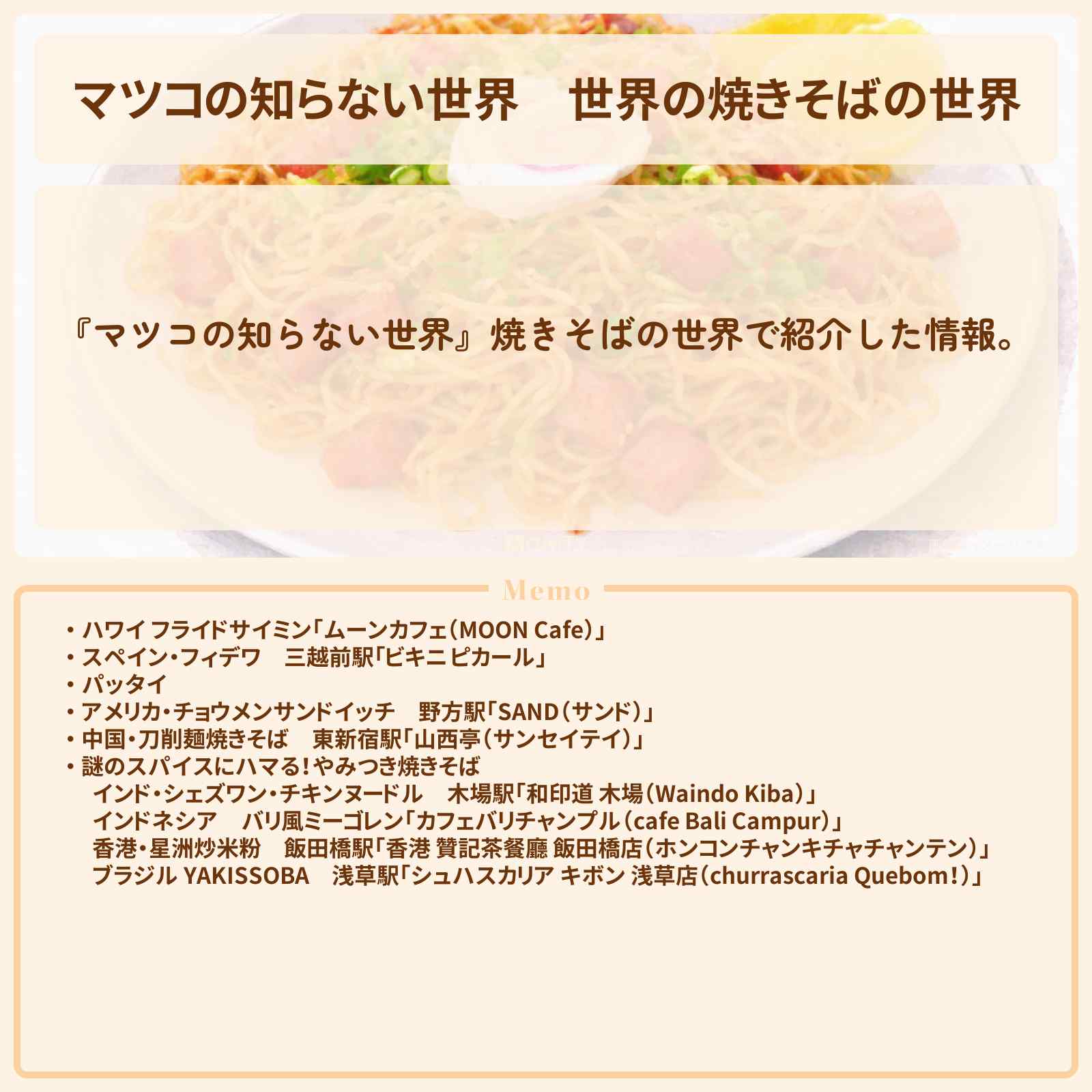 【マツコの知らない世界】『世界の焼きそばの世界』のお店まとめ