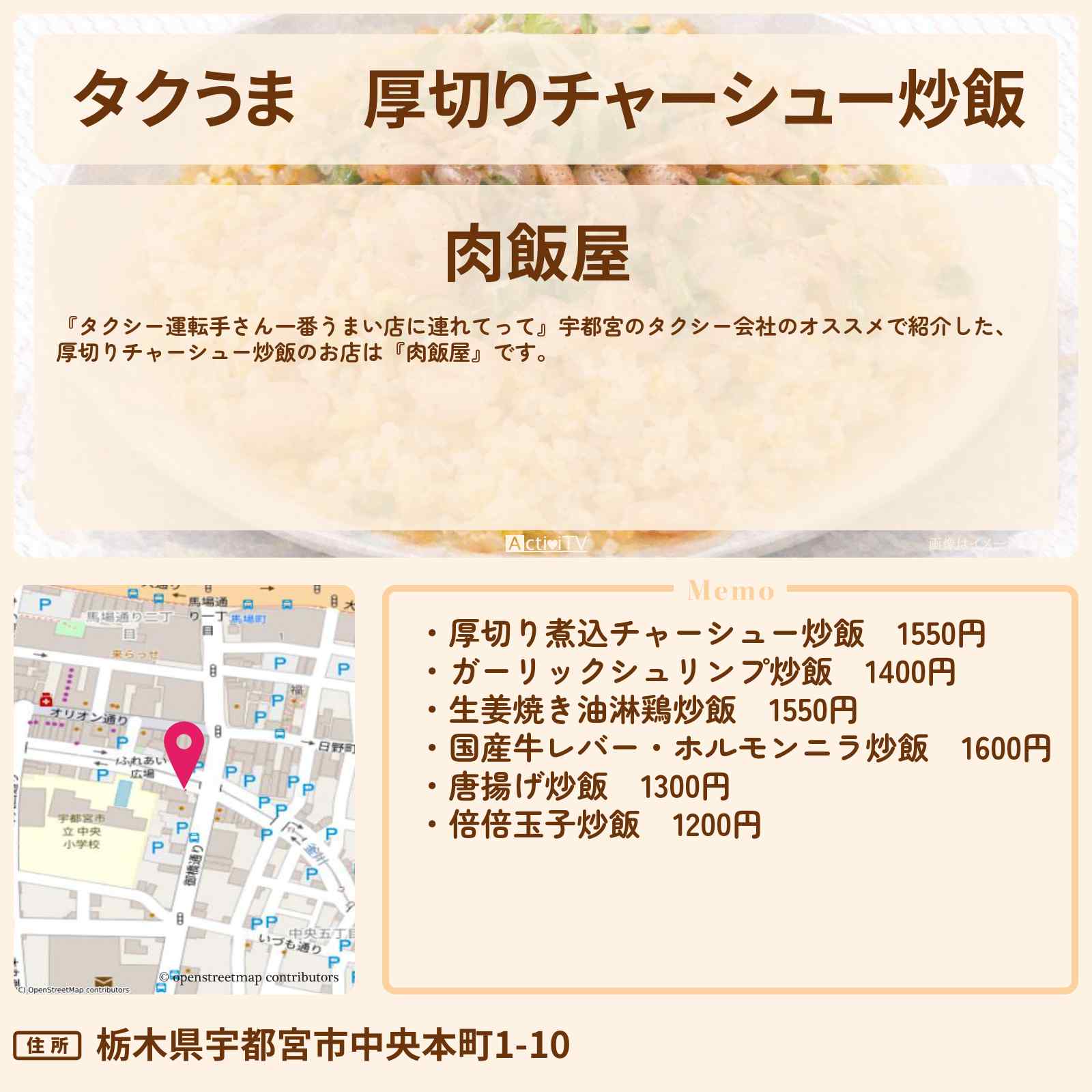 【タクうま】厚切りチャーシュー炒飯『肉飯屋』宇都宮のお店の場所〔タクシー運転手さん一番うまい店に連れてって〕