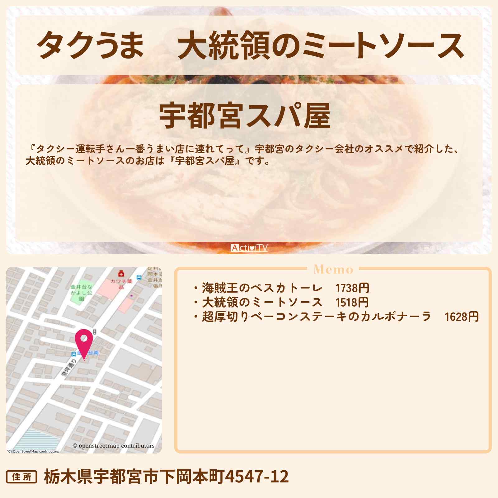 【タクうま】大統領のミートソース『宇都宮スパ屋』スパゲティ屋さんお店の場所〔タクシー運転手さん一番うまい店に連れてって〕