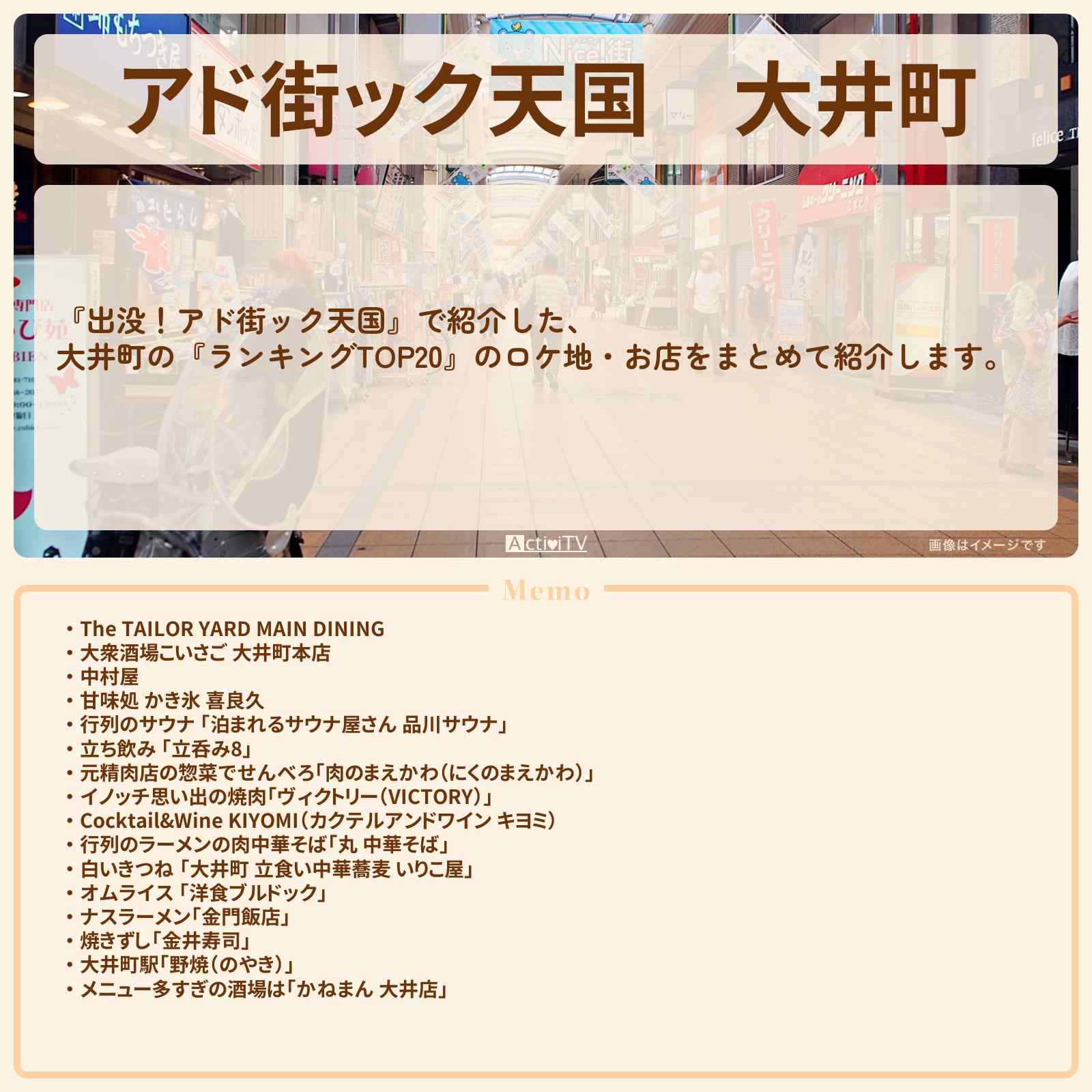 【アド街ック天国】大井町『ランキングTOP20』で注目のお店まとめ