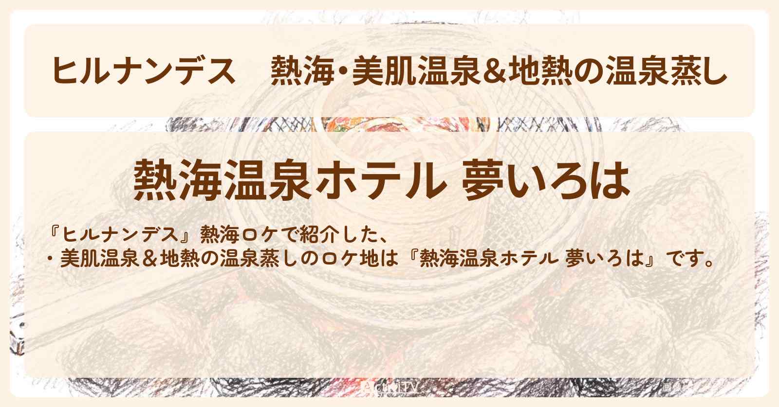 熱海・美肌温泉＆地熱の温泉蒸し『熱海温泉ホテル 夢いろは』の予約サイト・ロケ地情報を紹介〔陣内智則・野々村友紀子〕