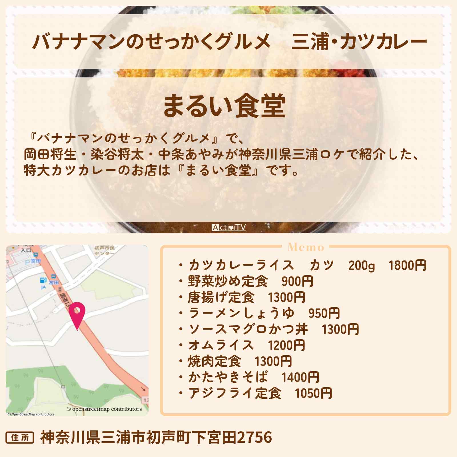 【バナナマンのせっかくグルメ】三浦・カツカレー『まるい食堂』神奈川ロケのお店情報〔岡田将生・染谷将太・中条あやみ〕