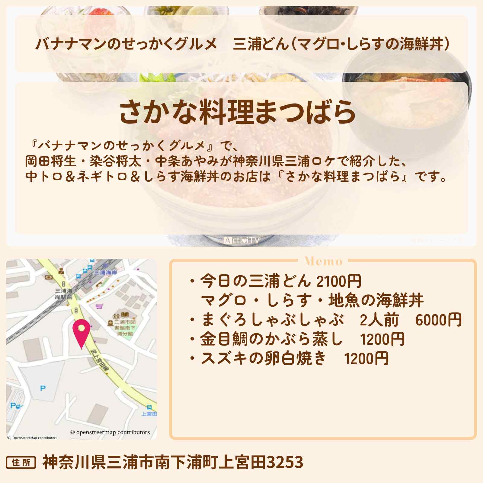 【バナナマンのせっかくグルメ】三浦どん（マグロ・しらすの海鮮丼）『さかな料理まつばら』神奈川県ロケのお店情報〔岡田将生・染谷将太・中条あやみ〕