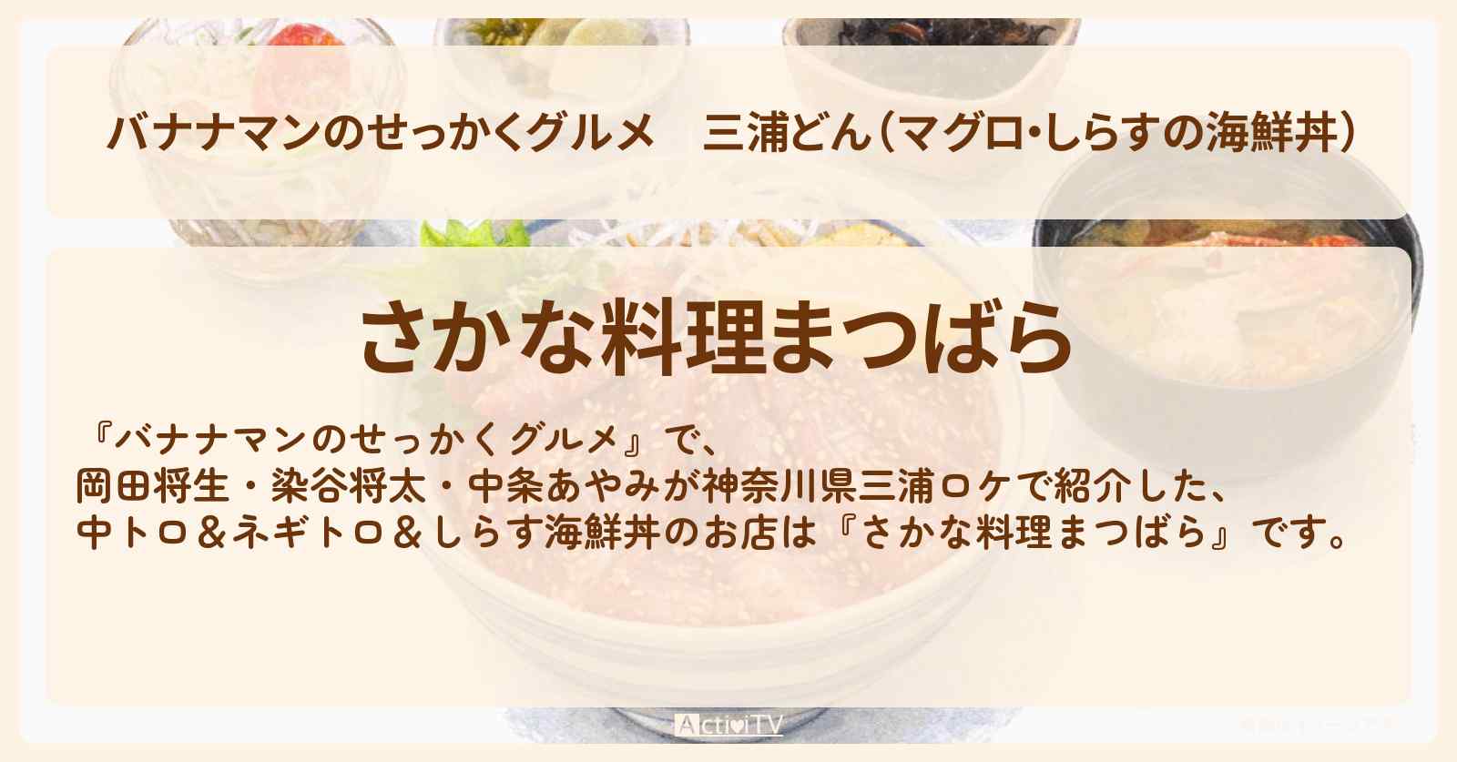 【バナナマンのせっかくグルメ】三浦どん（マグロ・しらすの海鮮丼）『さかな料理まつばら』神奈川県ロケのお店情報〔岡田将生・染谷将太・中条あやみ〕