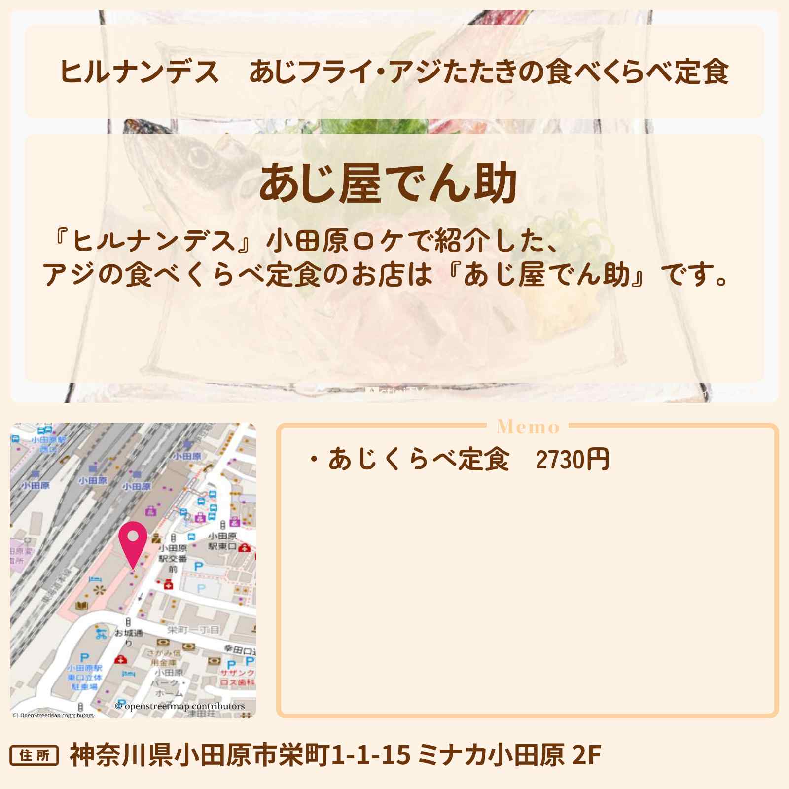 【ヒルナンデス】あじフライ・アジたたきの食べくらべ定食『あじ屋でん助』小田原駅ミナカのお店情報〔髙地優吾・柳沢慎吾〕