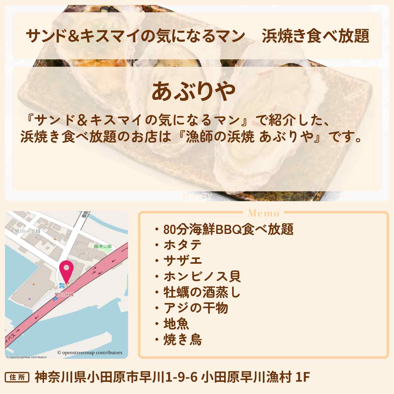 【サンド＆キスマイの気になるマン】浜焼き食べ放題『漁師の浜焼 あぶりや』小田原早川漁村のデカ盛りグルメのお店の場所