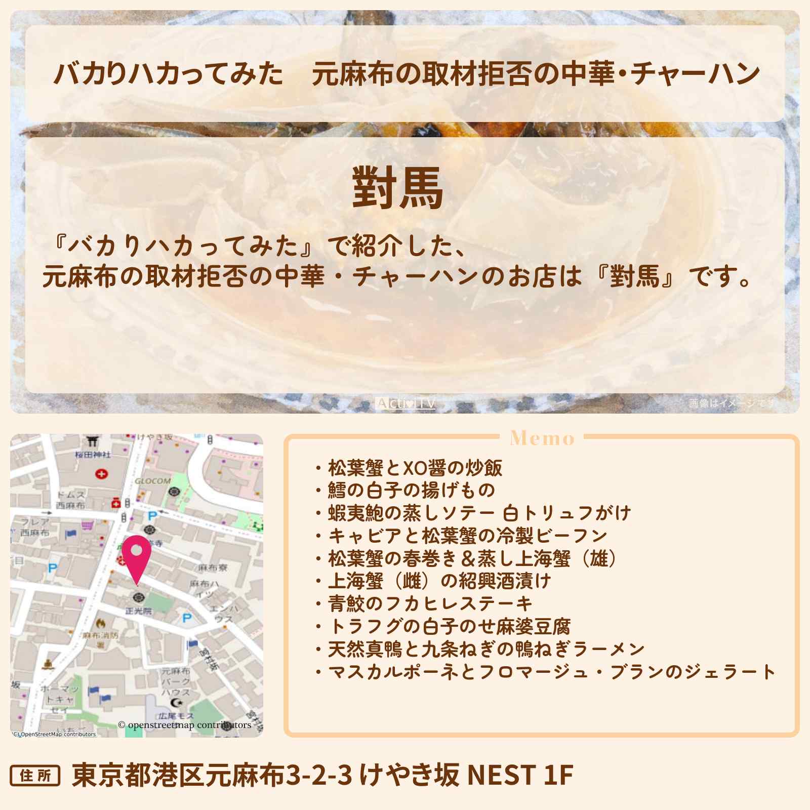 【バカりハカってみた】元麻布の取材拒否の中華・チャーハン『對馬』のお店の場所