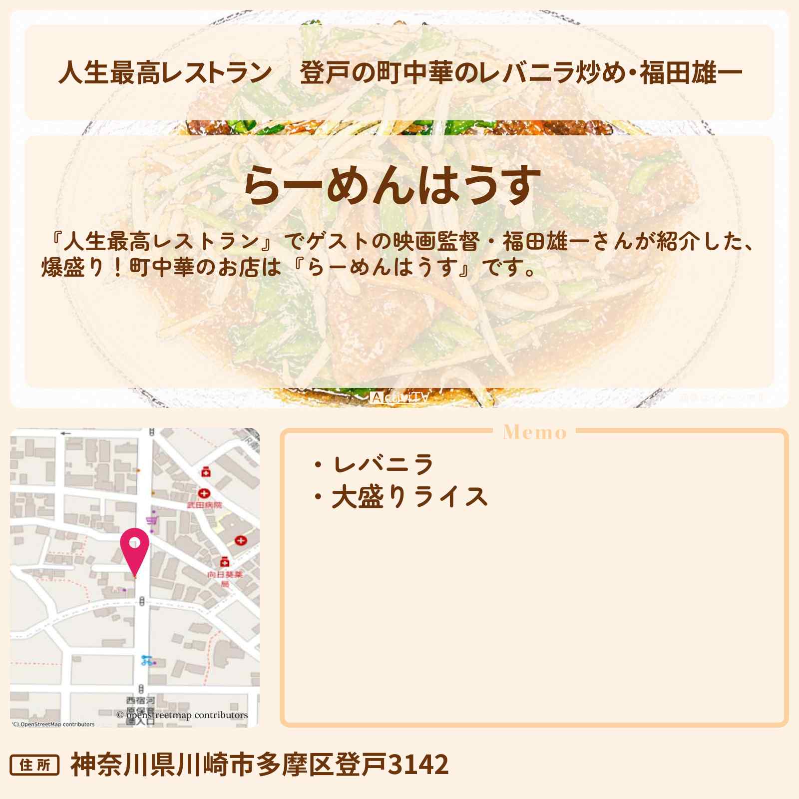 【人生最高レストラン】登戸の町中華のレバニラ炒め・福田雄一『らーめんはうす』お店の場所〔映画監督〕