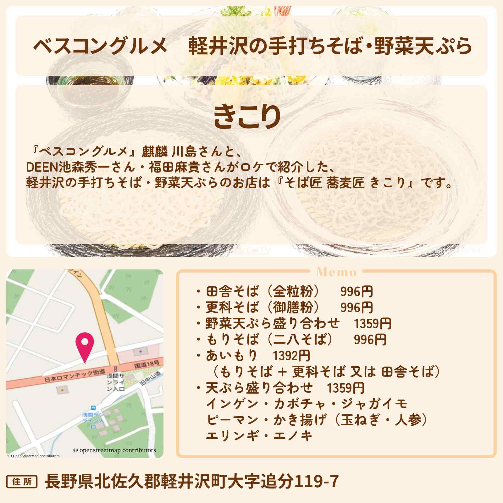 【ベスコングルメ】軽井沢の手打ちそば・野菜天ぷら『そば匠 蕎麦匠 きこり』のロケ地・お店〔DEEN・池森秀一〕