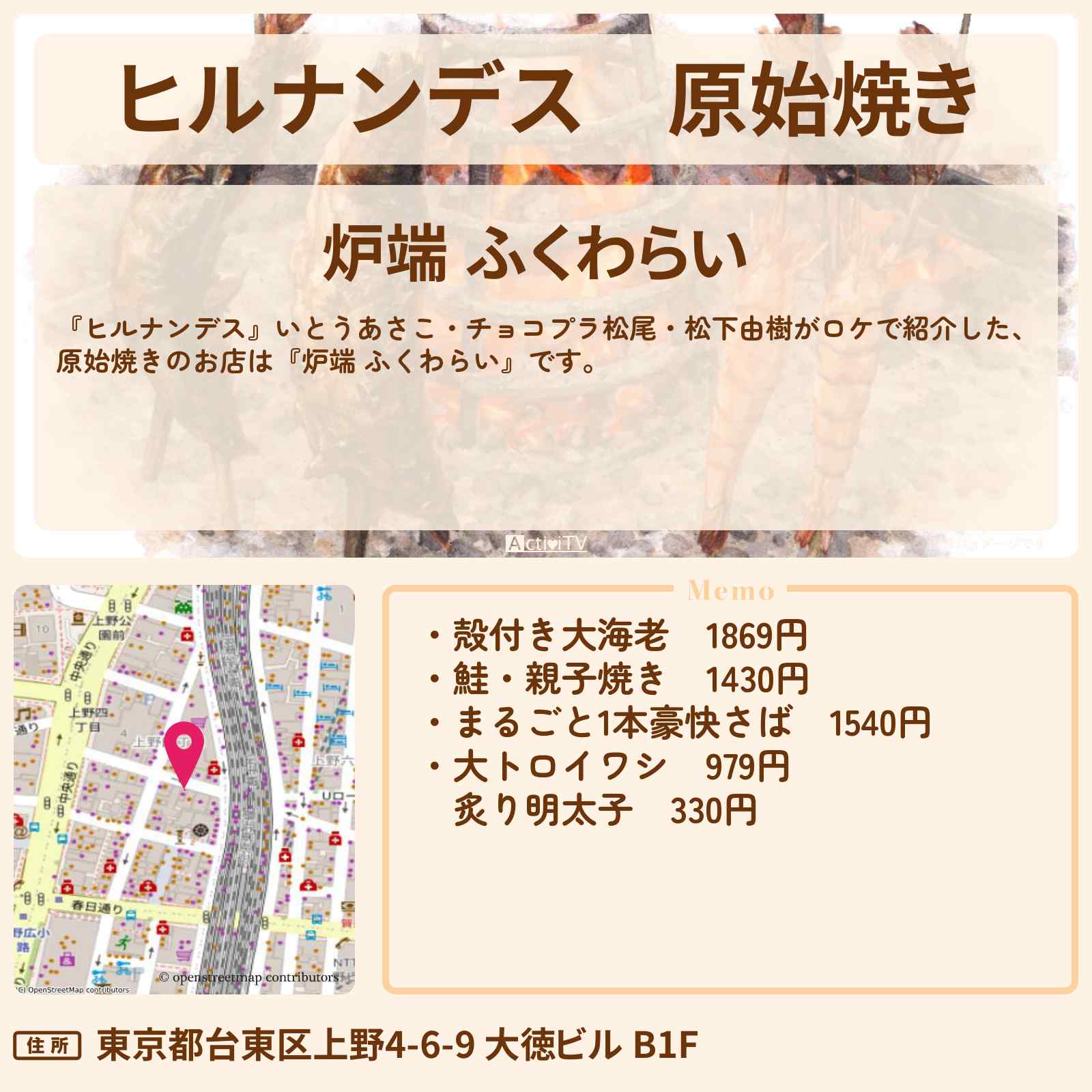 【ヒルナンデス】原始焼き『炉端 ふくわらい』上野・アメ横ロケのお店情報〔いとうあさこ・チョコプラ松尾・松下由樹〕