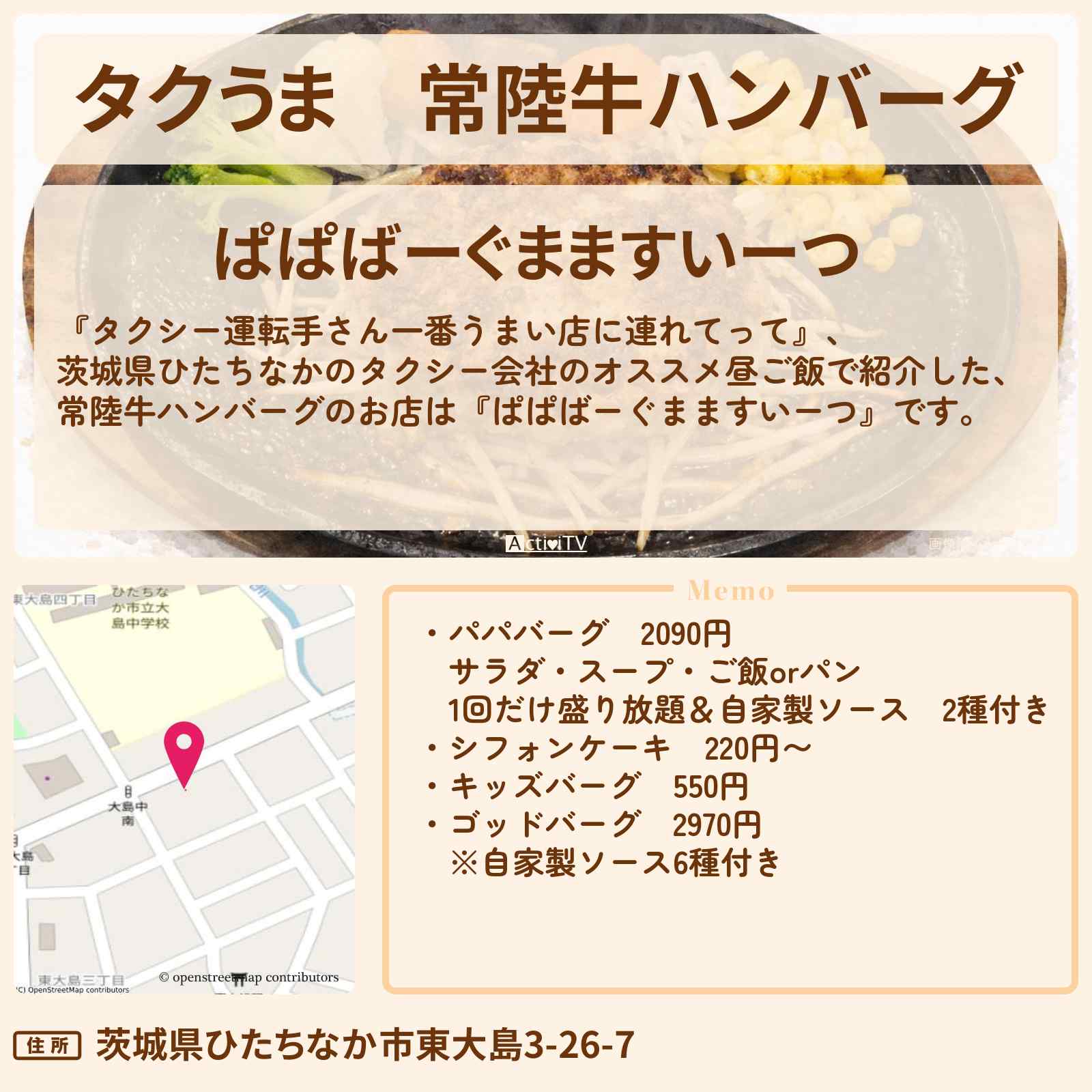 【タクうま】常陸牛ハンバーグ『ぱぱばーぐまますいーつ』茨城県ひたちなかのお店の場所〔タクシー運転手さん一番うまい店に連れてって〕