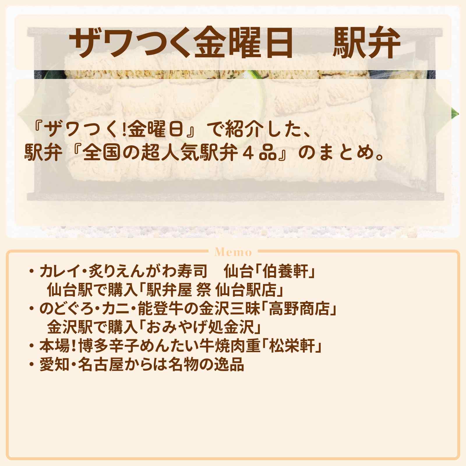 【ザワつく金曜日】駅弁『全国の超人気駅弁４品』のまとめ