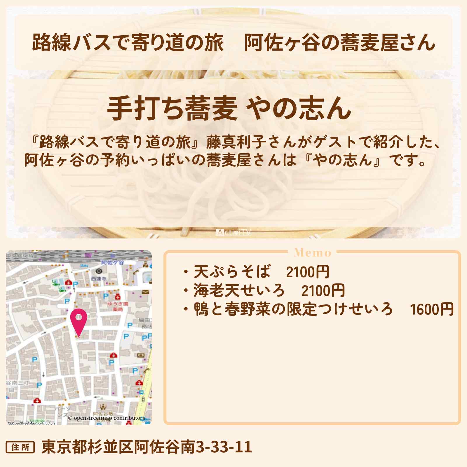 【路線バスで寄り道の旅】阿佐ヶ谷の蕎麦屋さん『やの志ん』のお店の場所〔藤真利子〕