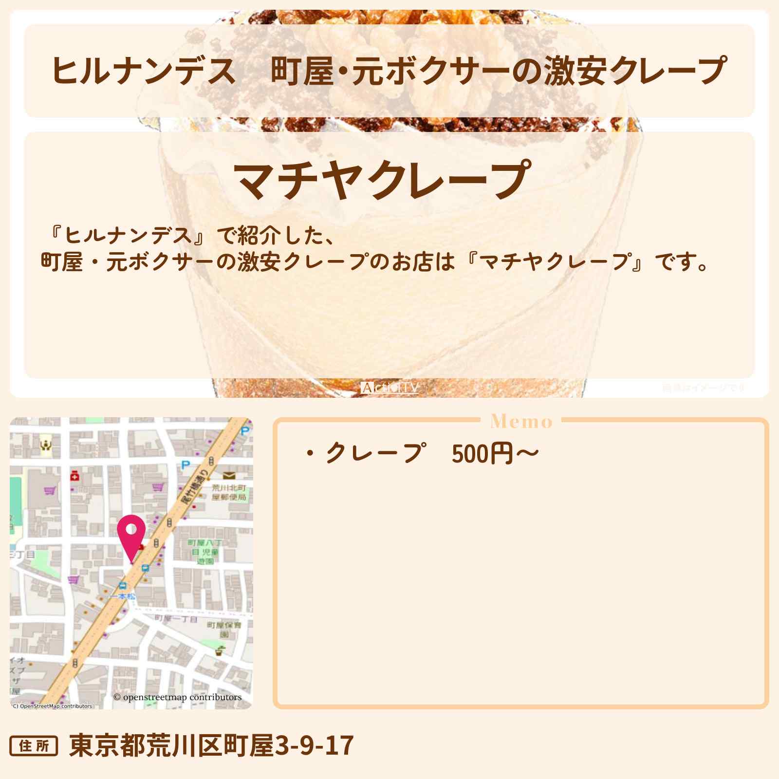 【ヒルナンデス】町屋・元ボクサーの激安クレープ『マチヤクレープ』荒川区バスロケのお店情報