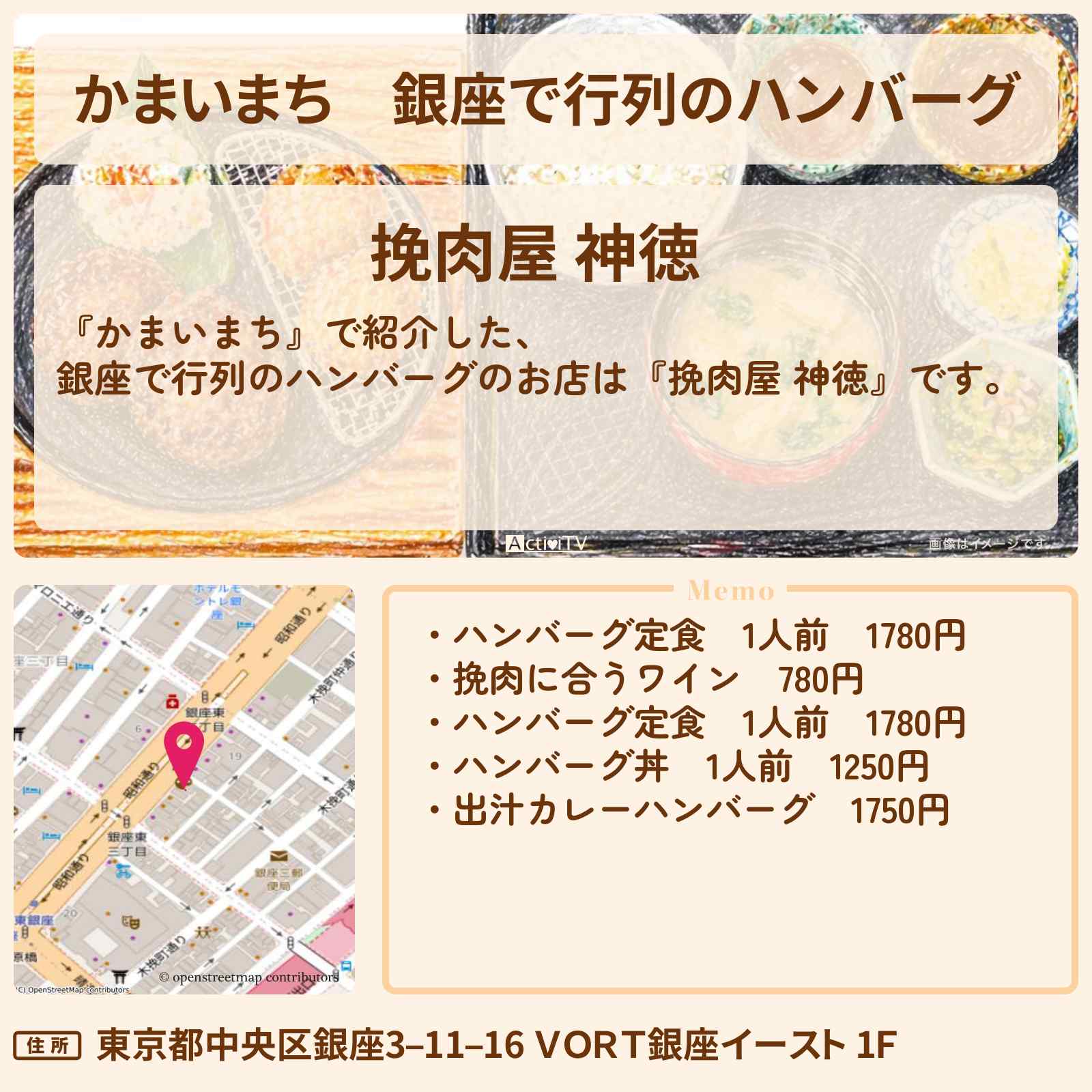 【かまいまち】銀座で行列のハンバーグ『挽肉屋 神徳』お店の場所〔木南晴夏・中間淳太・那須雄登〕