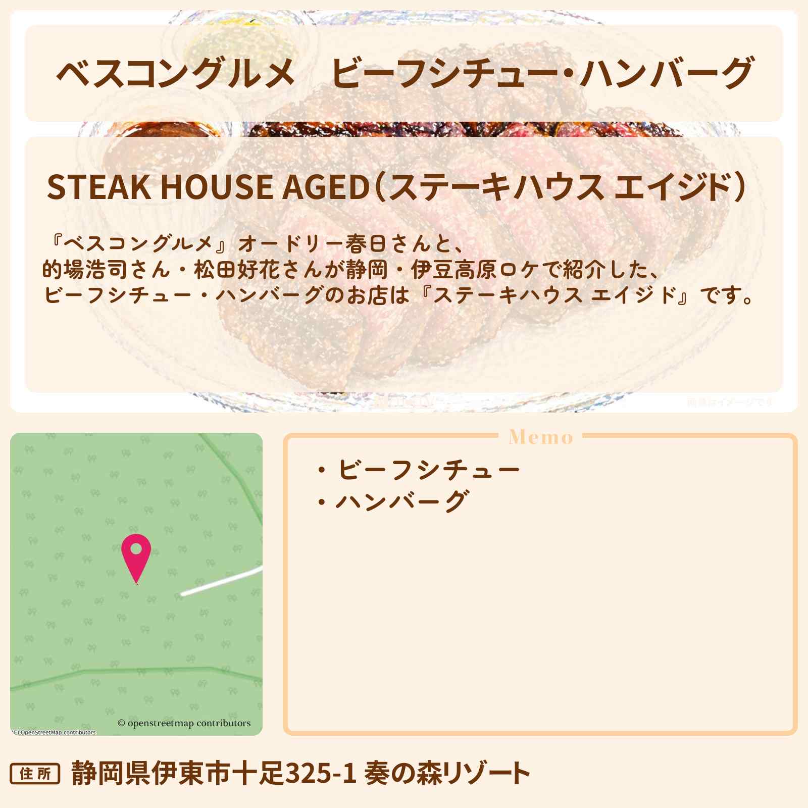 【ベスコングルメ】ビーフシチュー・ハンバーグ『ステーキハウス エイジド』静岡・伊豆高原のロケ地・お店〔的場浩司・松田好花〕