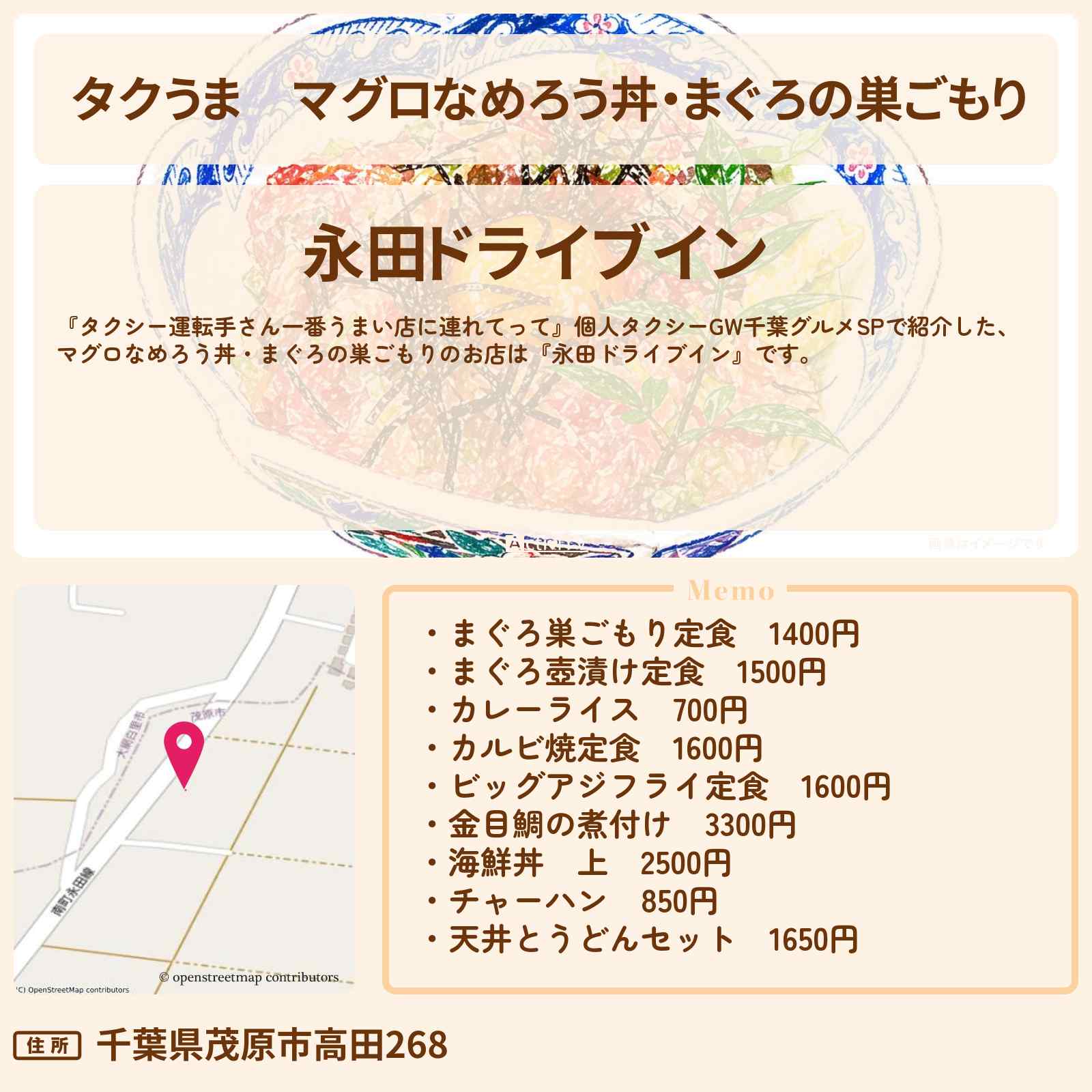 【タクうま】マグロなめろう丼・まぐろの巣ごもり『永田ドライブイン』千葉のお店の場所〔タクシー運転手さん一番うまい店に連れてって〕