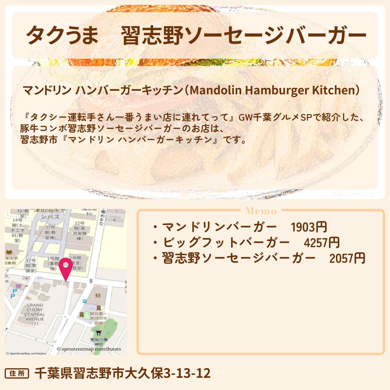 【タクうま】習志野ソーセージバーガー『マンドリン ハンバーガーキッチン』千葉・習志野市のお店の場所〔タクシー運転手さん一番うまい店に連れてって〕
