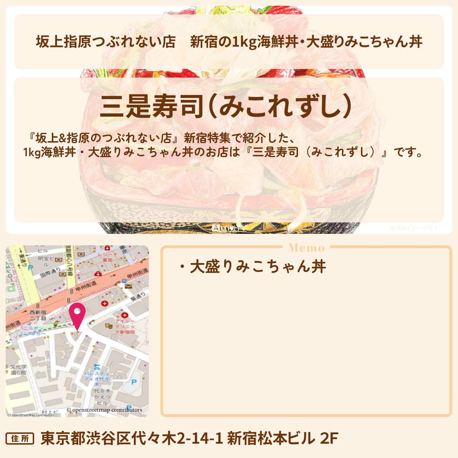 【坂上指原つぶれない店】新宿の1kg海鮮丼・大盛りみこちゃん丼『三是寿司（みこれずし）』お店の場所