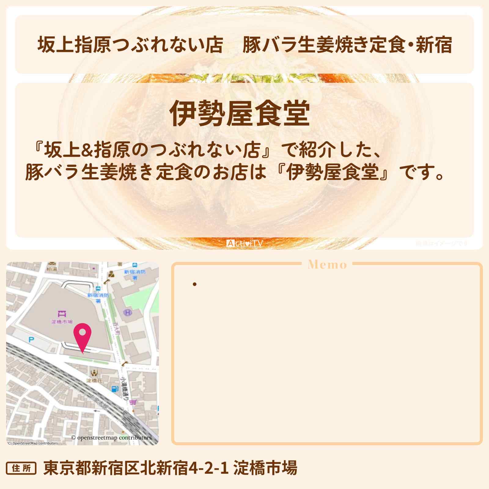 【坂上指原つぶれない店】豚バラ生姜焼き定食・新宿『伊勢屋食堂』のお店の場所