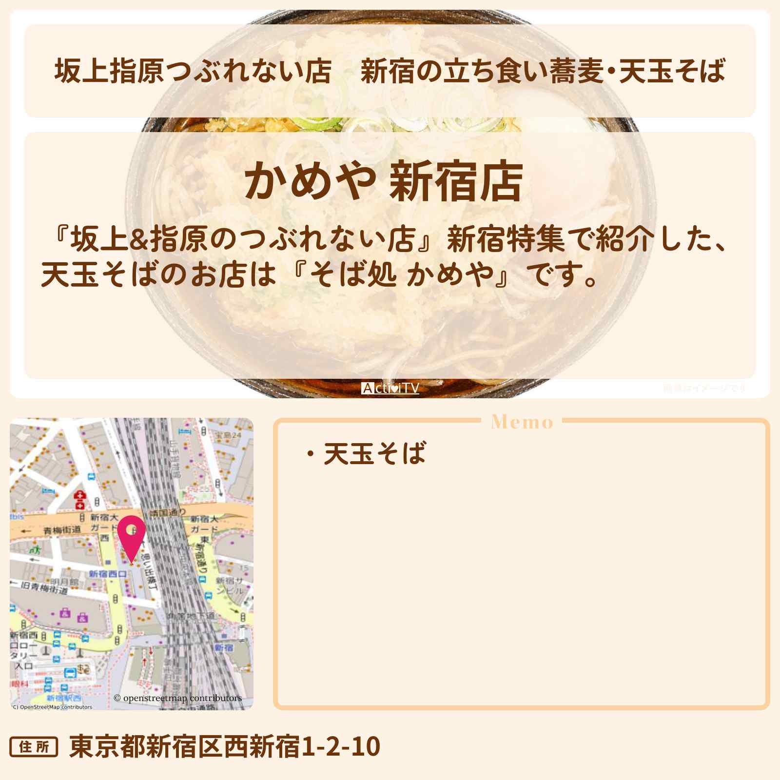 【坂上指原つぶれない店】新宿の立ち食い蕎麦・天玉そば『そば処 かめや』新宿西口の思い出横丁のお店の場所
