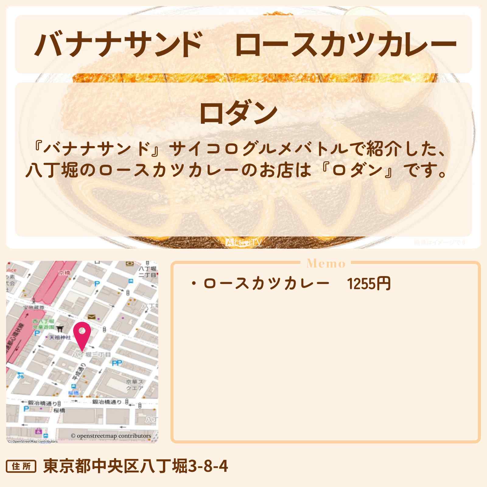 【バナナサンド】ロースカツカレー『ロダン』八丁堀のお店の場所〔中村倫也・神木隆之介〕