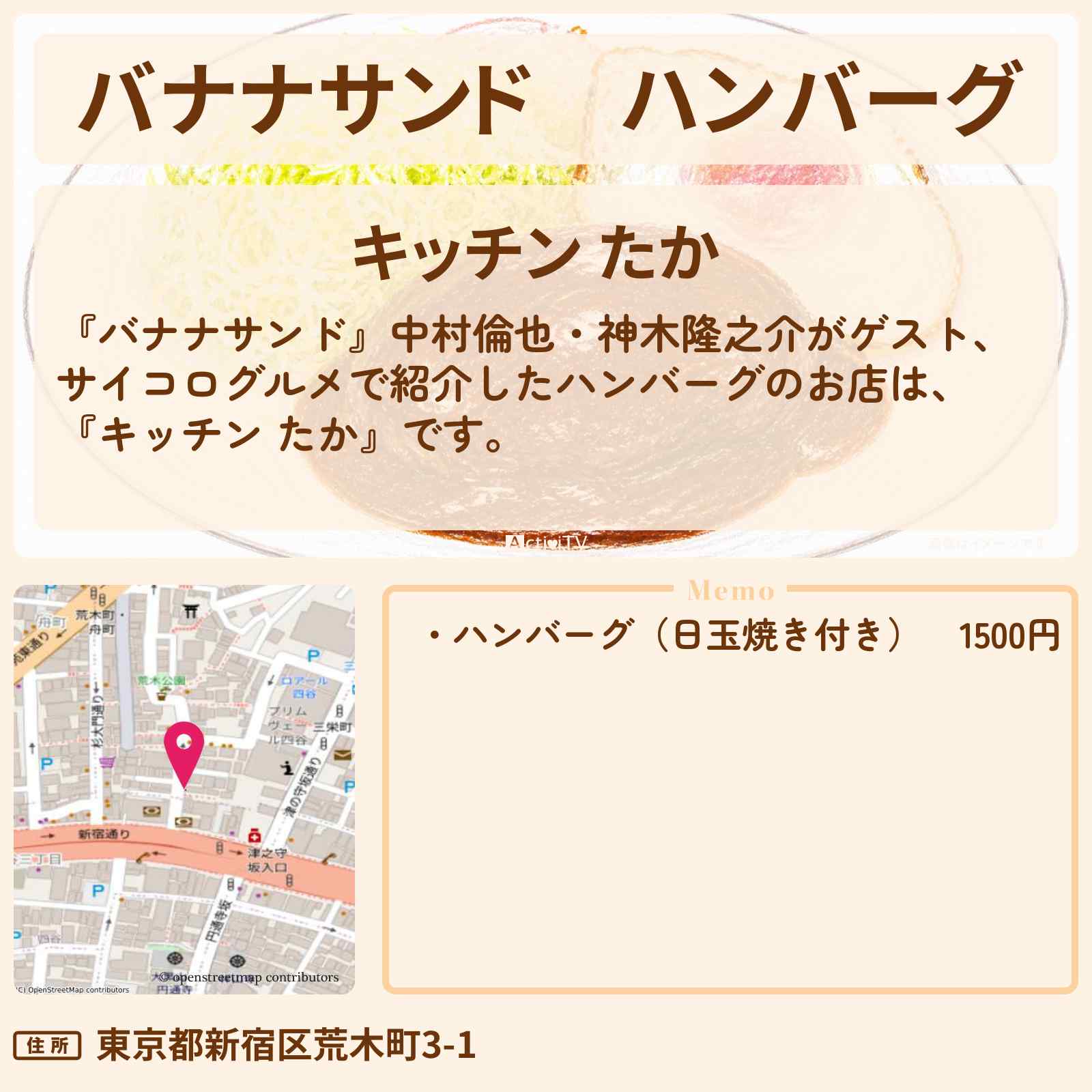 【バナナサンド】ハンバーグ『キッチン たか』お店の場所〔中村倫也・神木隆之介〕