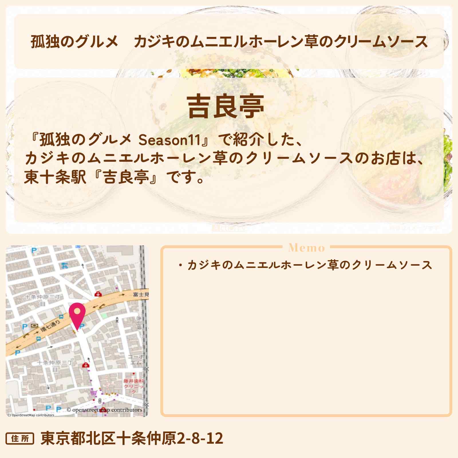 【孤独のグルメ】カジキのムニエルホーレン草のクリームソース『吉良亭』北区東十条のお店の場所
