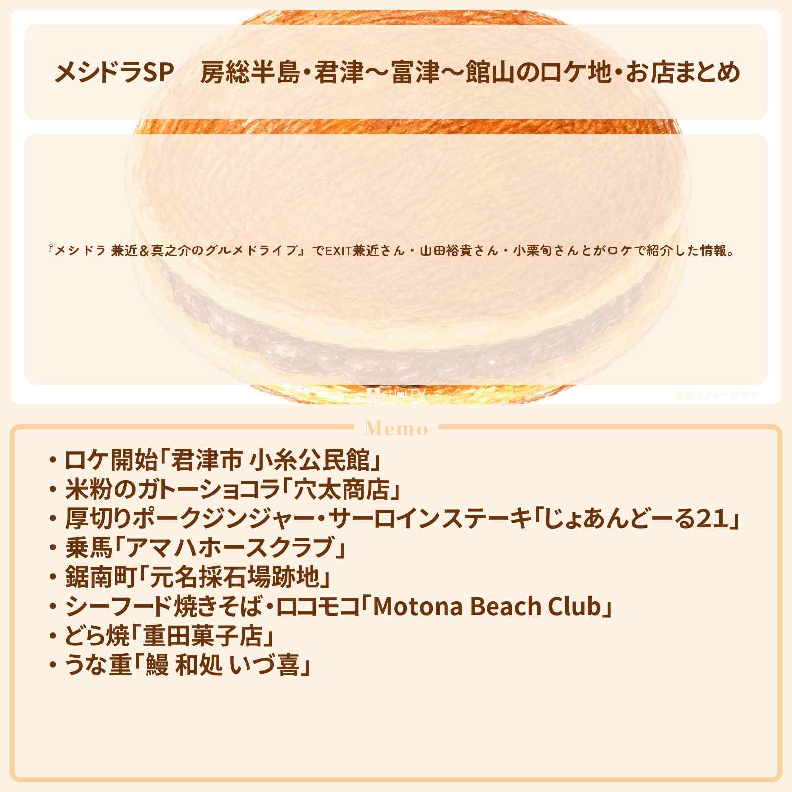 【メシドラSP】房総半島・君津〜富津〜館山のロケ地・お店まとめ〔EXIT兼近・満島真之介・山田裕貴・小栗旬〕