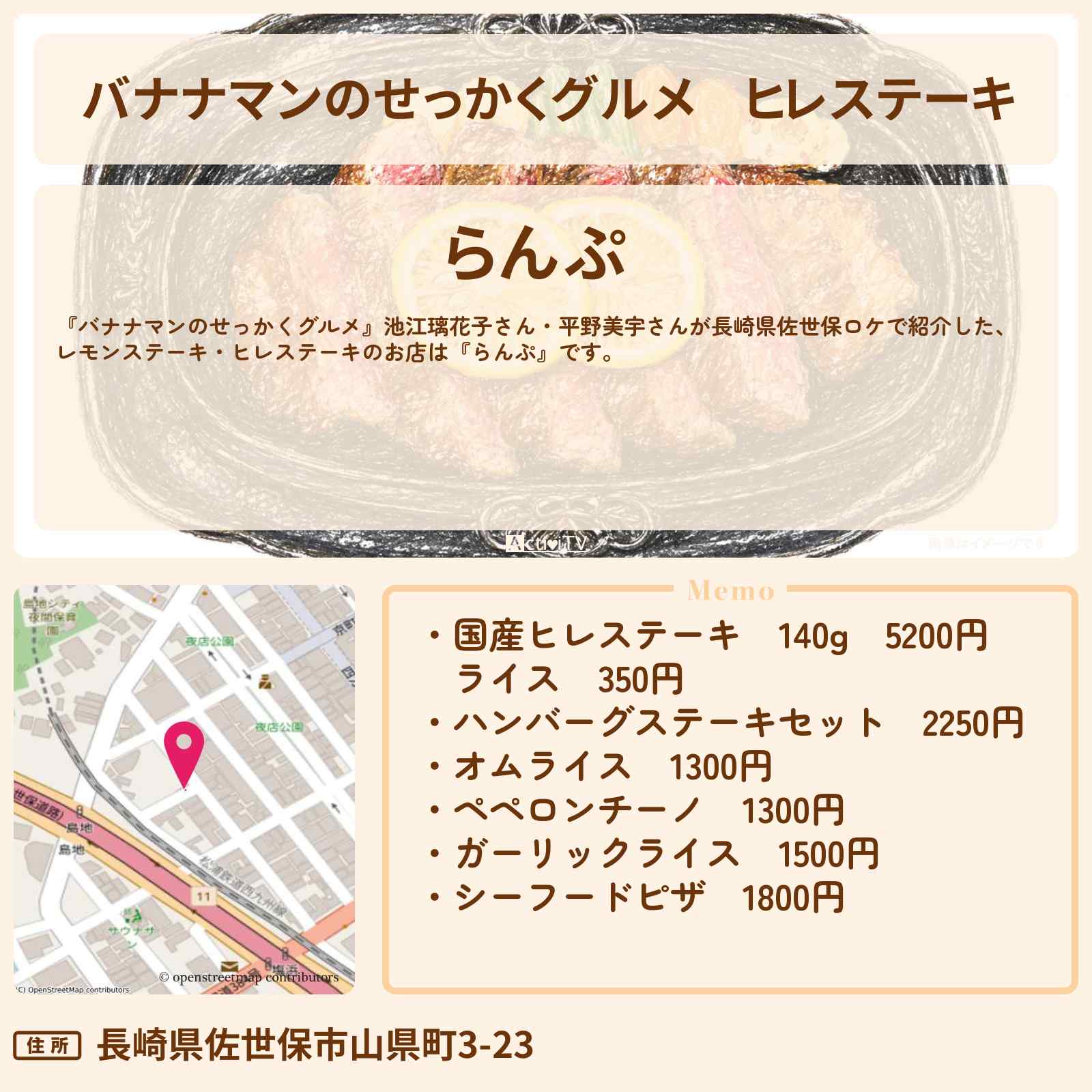【バナナマンのせっかくグルメ】ヒレステーキ『らんぷ』長崎県佐世保名物のレモンステーキのお店情報〔池江璃花子・平野美宇〕