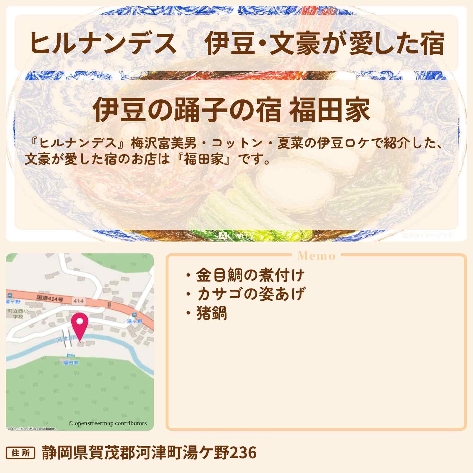 【ヒルナンデス】伊豆・文豪が愛した宿『福田家』のお店を紹介〔梅沢富美男〕