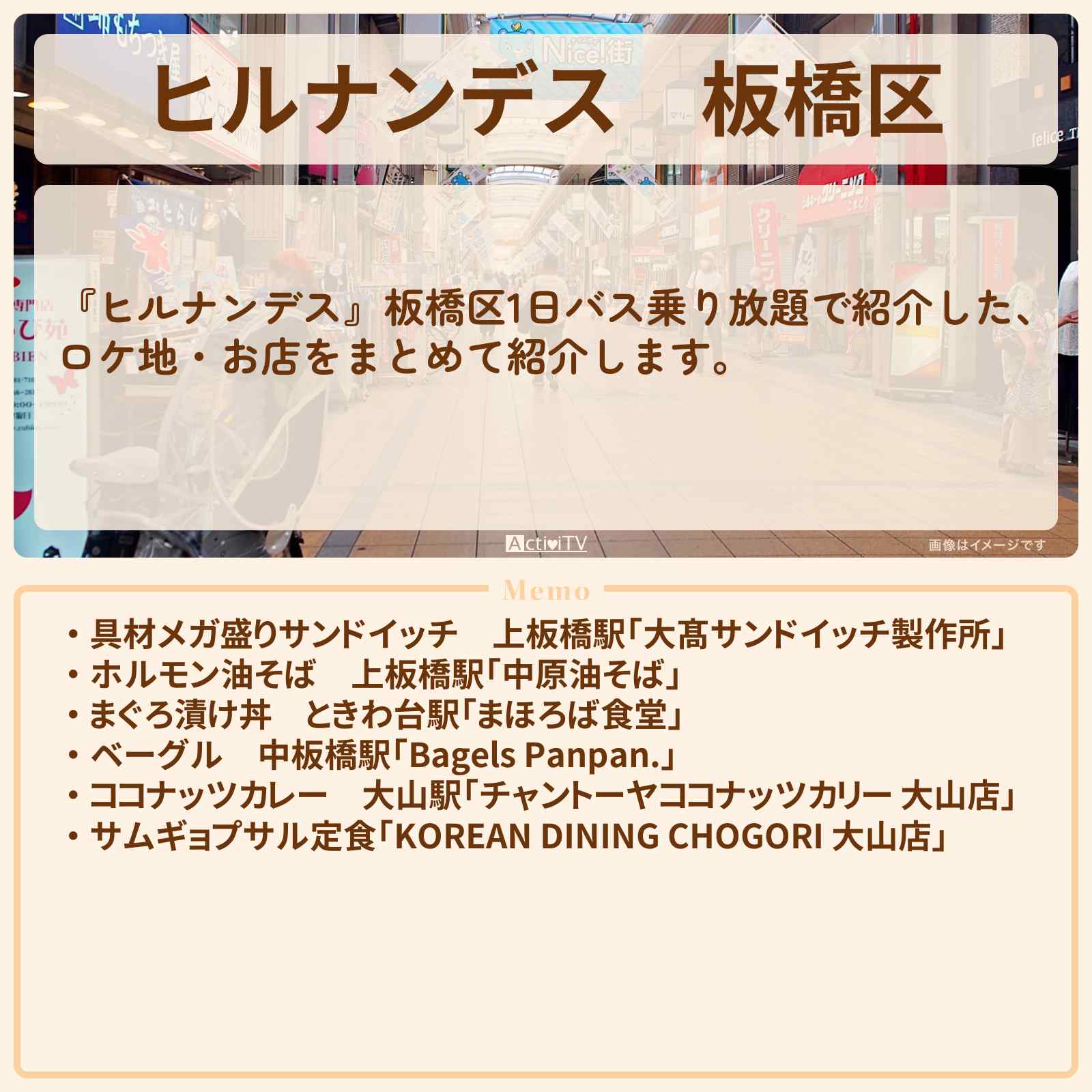 【ヒルナンデス】板橋区『1日バス乗り放題で1年以内の新店探し』のロケ地・お店まとめ〔丘みどり・吉村崇・ニッチ〕