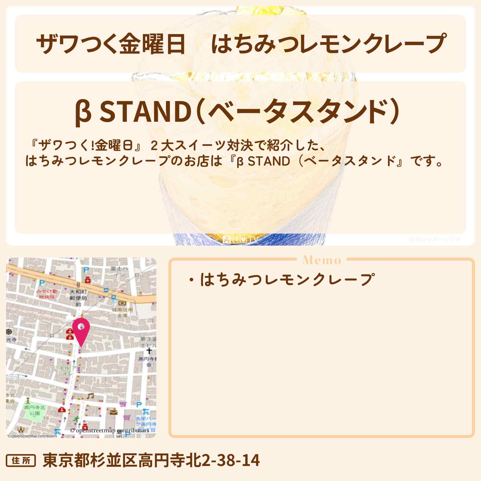 【ザワつく金曜日】はちみつレモンクレープ『β STAND(ベータスタンド』高円寺のお店の場所