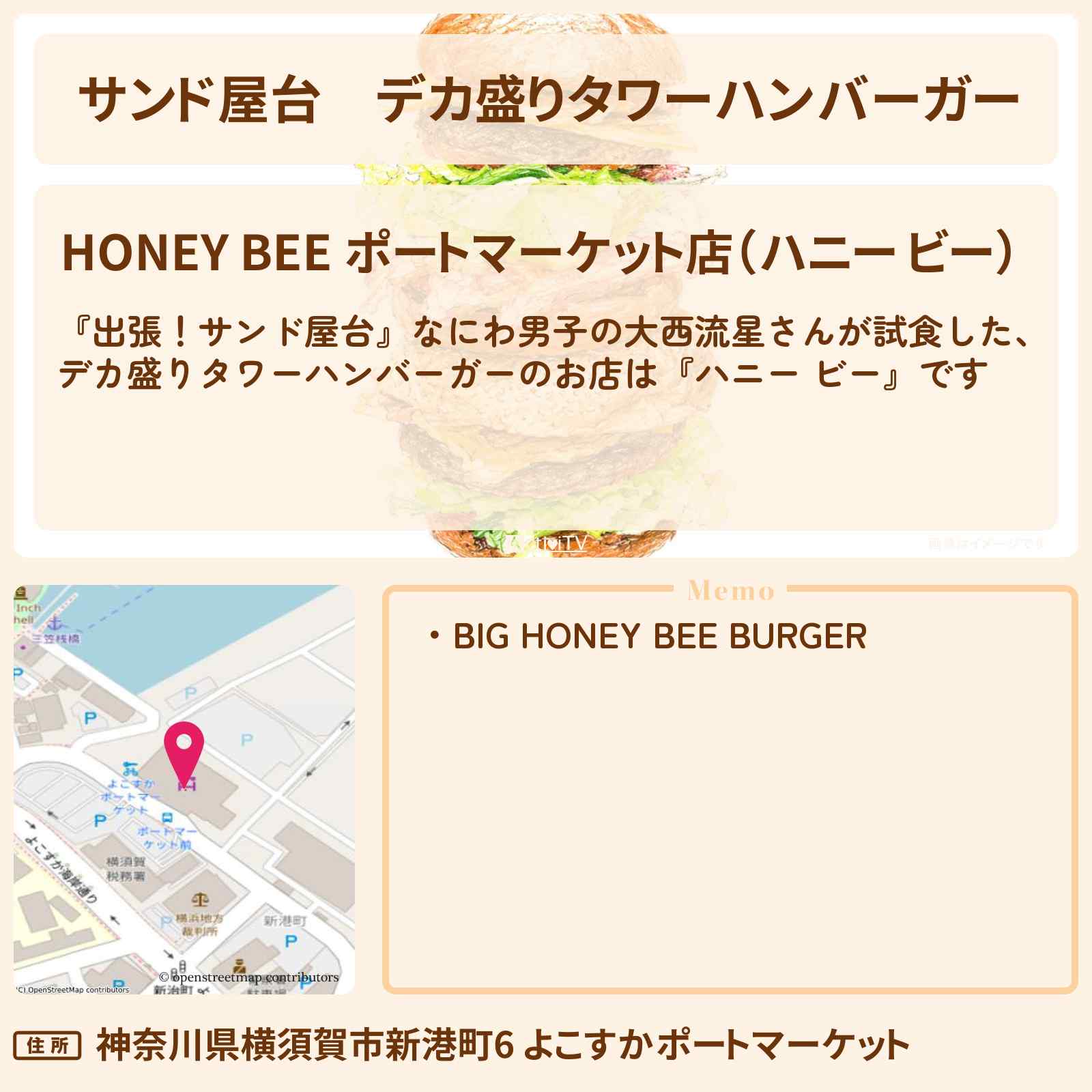 【サンド屋台】デカ盛りタワーハンバーガー『ハニー ビー』横須賀のお店情報〔大西流星・なにわ男子〕