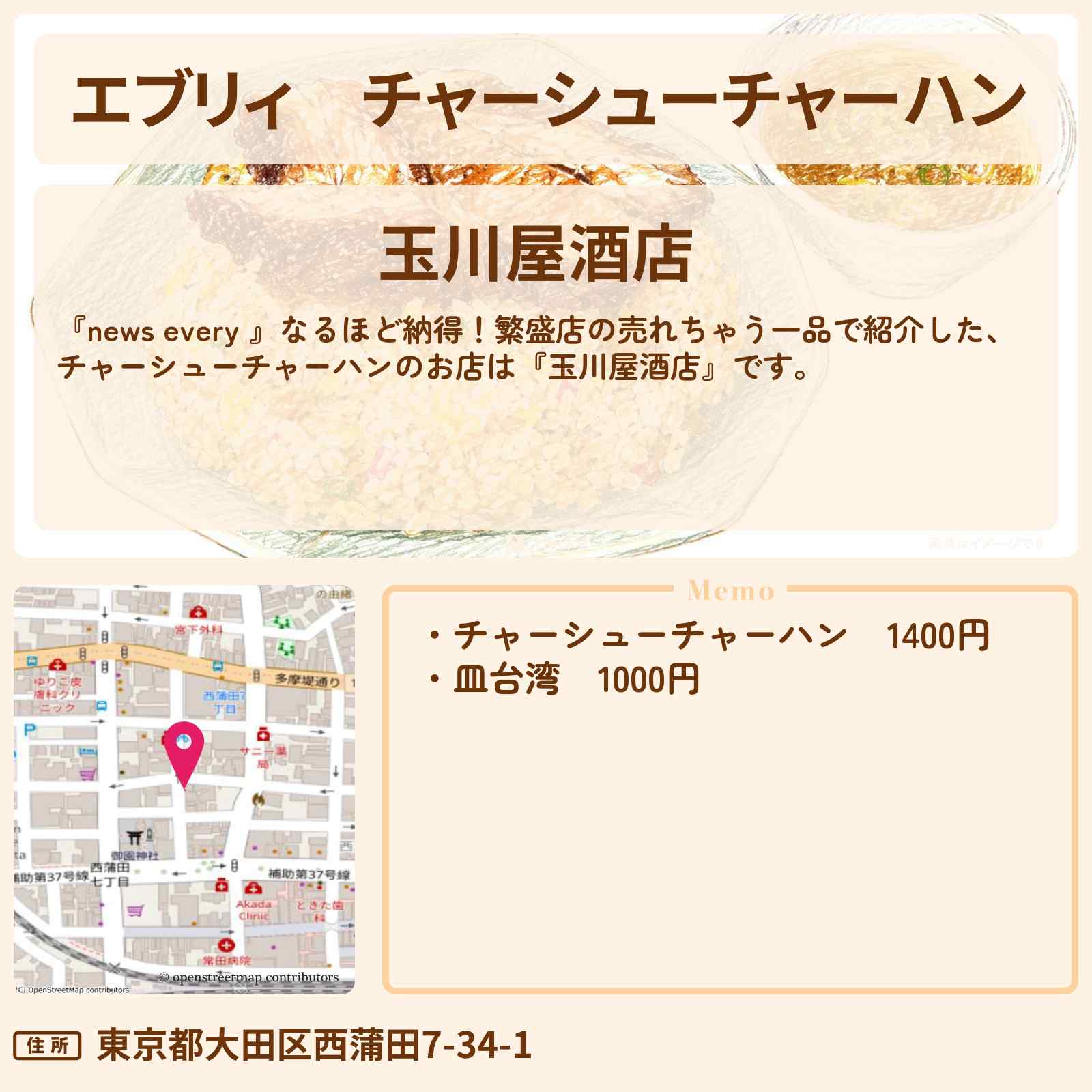 【エブリィ】チャーシューチャーハン『玉川屋酒店』蒲田・蓮沼駅のお店情報 #every