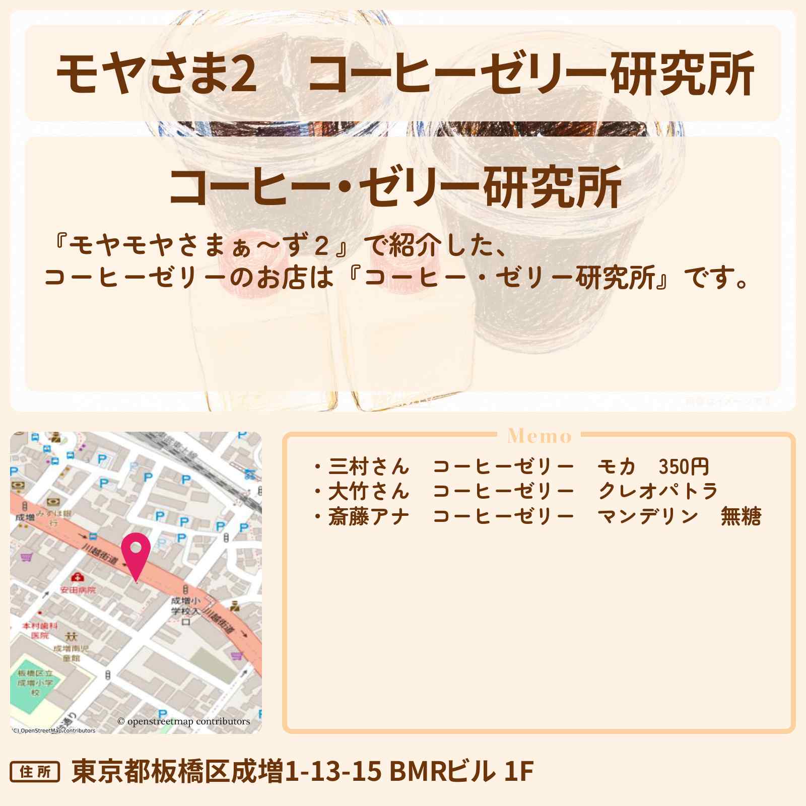 【モヤさま2】『コーヒーゼリー研究所』成増のお店・ロケ地〔モヤモヤさまぁ〜ず2〕