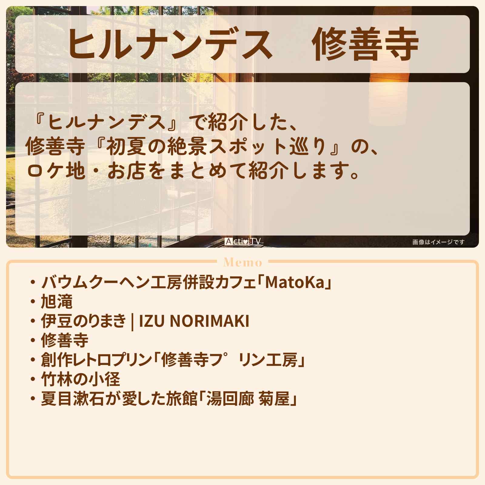 【ヒルナンデス】修善寺『3大絶景スポット巡り』のお店・ロケ地情報まとめ〔やす子・陣内貴美子〕