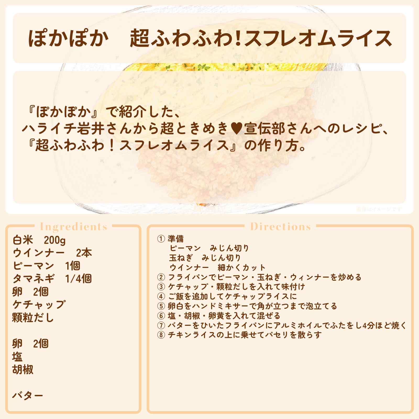 【ぽかぽか】『超ふわふわ！スフレオムライス』ハライチ岩井さんから超ときめき♥宣伝部さんへのレシピ・作り方