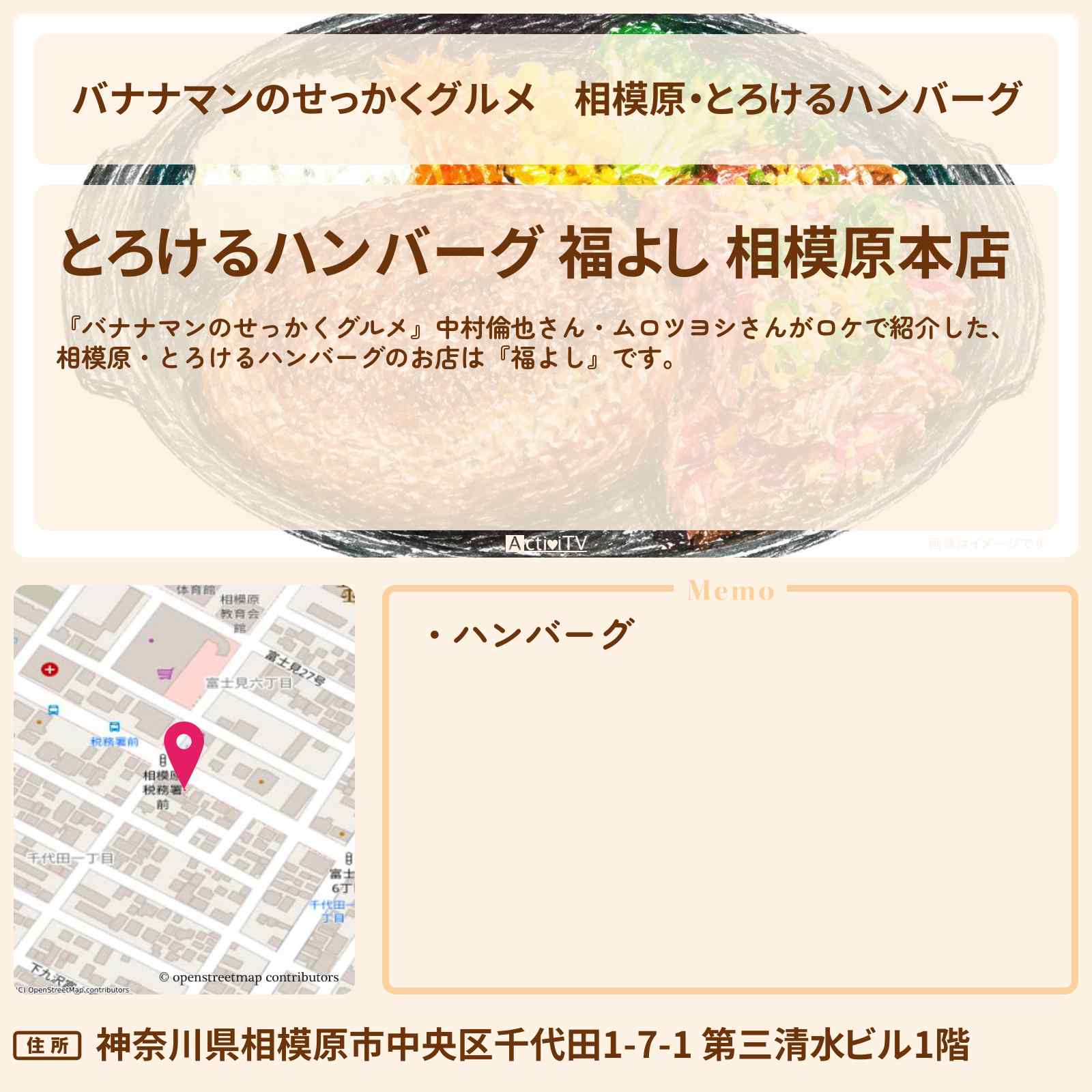 【バナナマンのせっかくグルメ】相模原・とろけるハンバーグ『福よし』神奈川県相模原ロケのお店情報〔中村倫也・ムロツヨシ〕