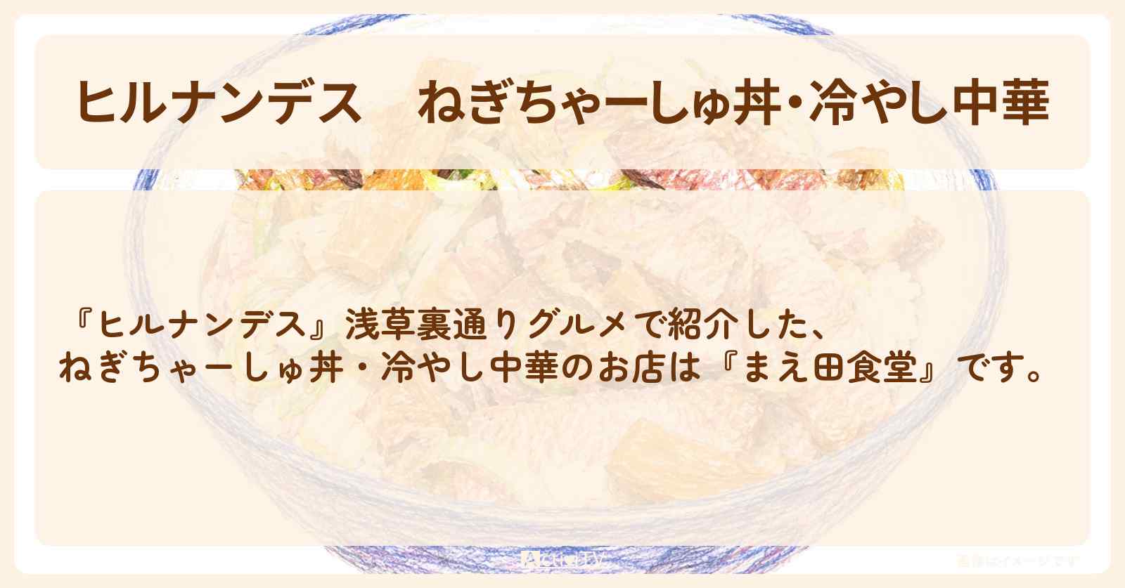 【ヒルナンデス】ねぎちゃーしゅ丼・冷やし中華『まえ田食堂』浅草裏通りグルメのお店情報〔いとうあさこ・松尾駿・松下由樹〕