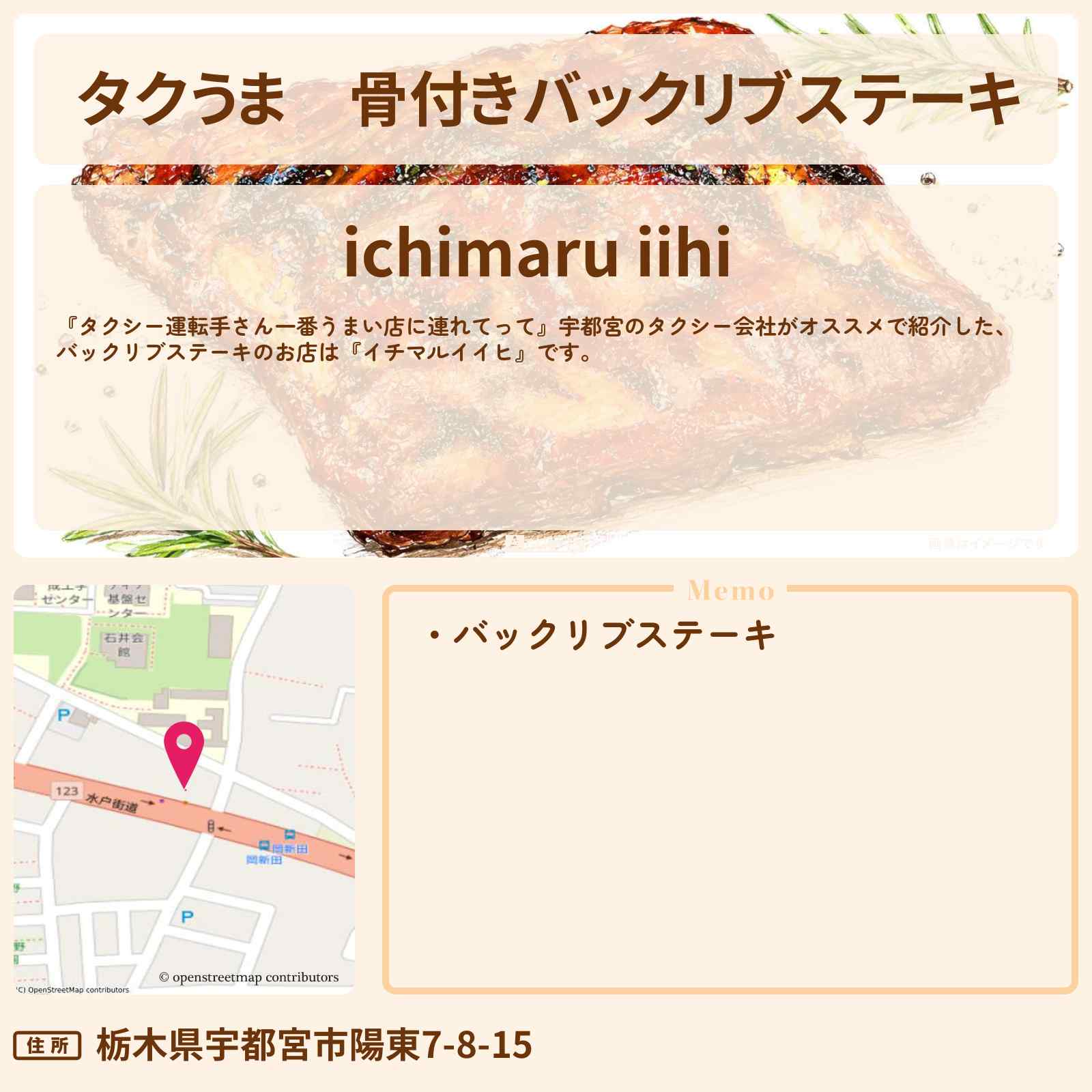 【タクうま】骨付きバックリブステーキ『イチマルイイヒ』宇都宮の肉料理のお店の場所〔タクシー運転手さん一番うまい店に連れてって〕