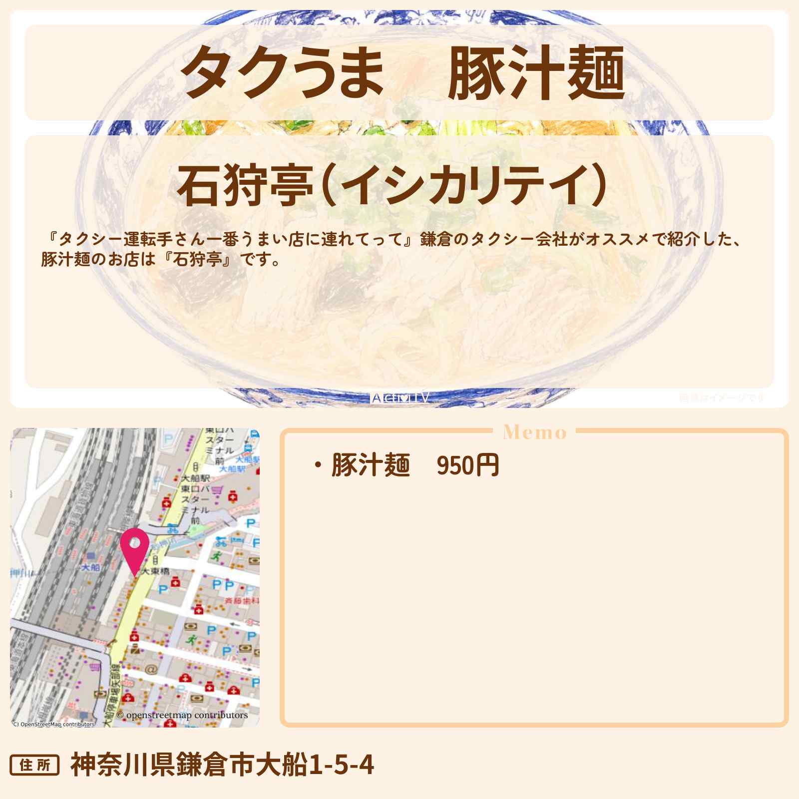 【タクうま】豚汁麺『石狩亭』鎌倉のお店の場所〔タクシー運転手さん一番うまい店に連れてって〕